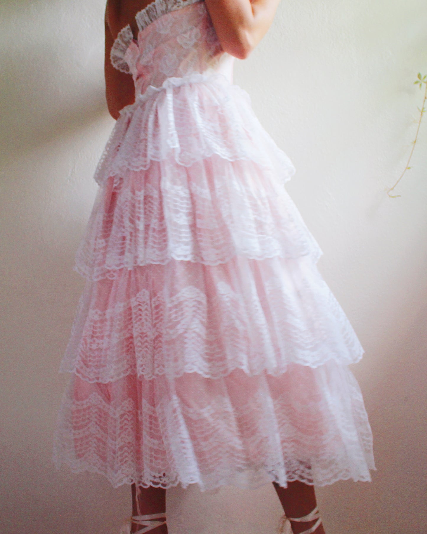 1960s Vintage Pink Lace A-Line Gown - Floral Lace & Tiered Ruffled Skirt | Girly Coquette Retro Style | Priscilla-Inspired Formal Dress