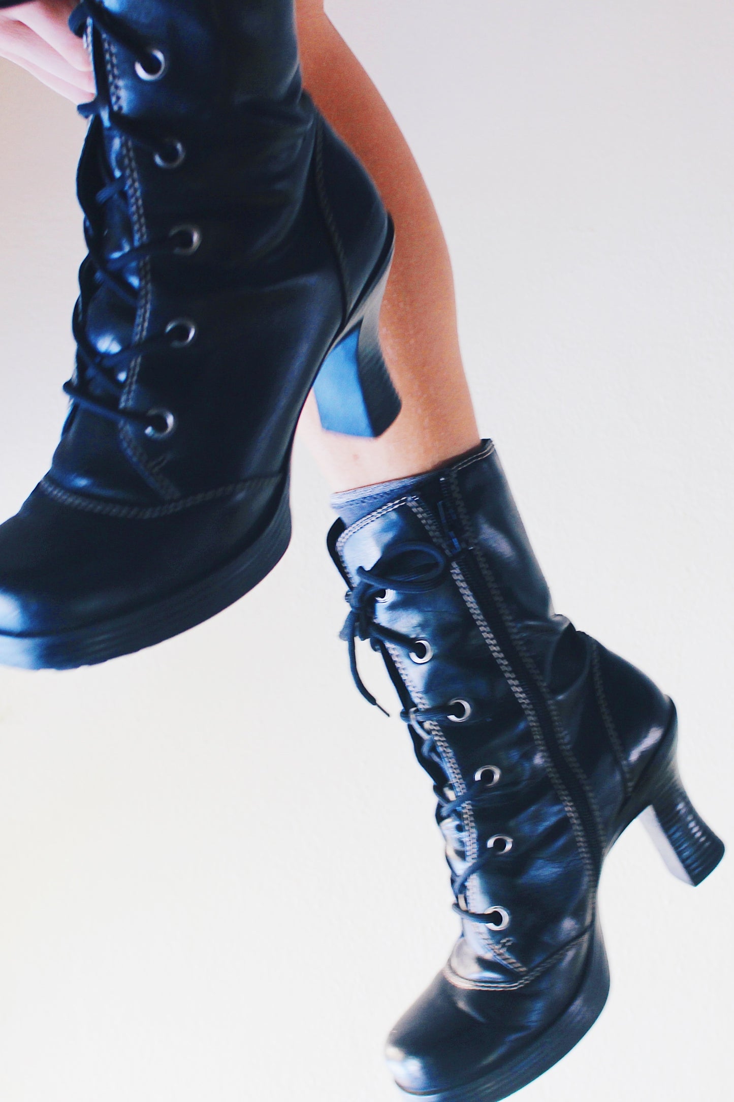 Vintage Black Chunky Lace-Up Heeled Boots - Dark Witchy Victorian Style