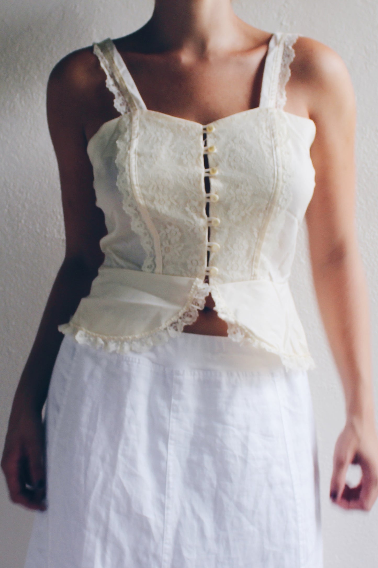 Cream lace tank top / cottage core peplum slip cami / lace Edwardian camisole