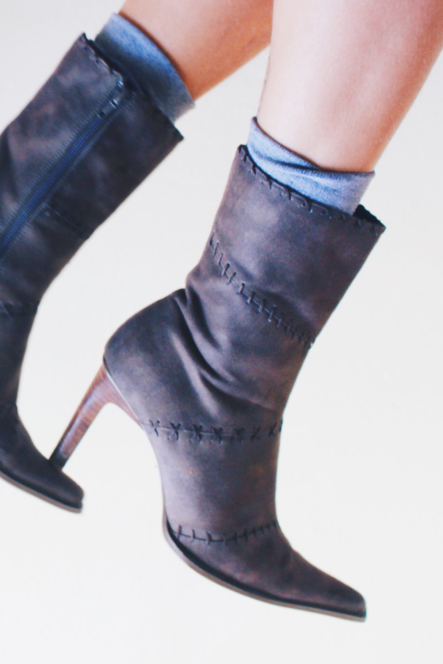 Y2K Grunge Patchwork Boot Heels - Step into a Time Machine of Style - Dark khaki patchwork pointed toe boots