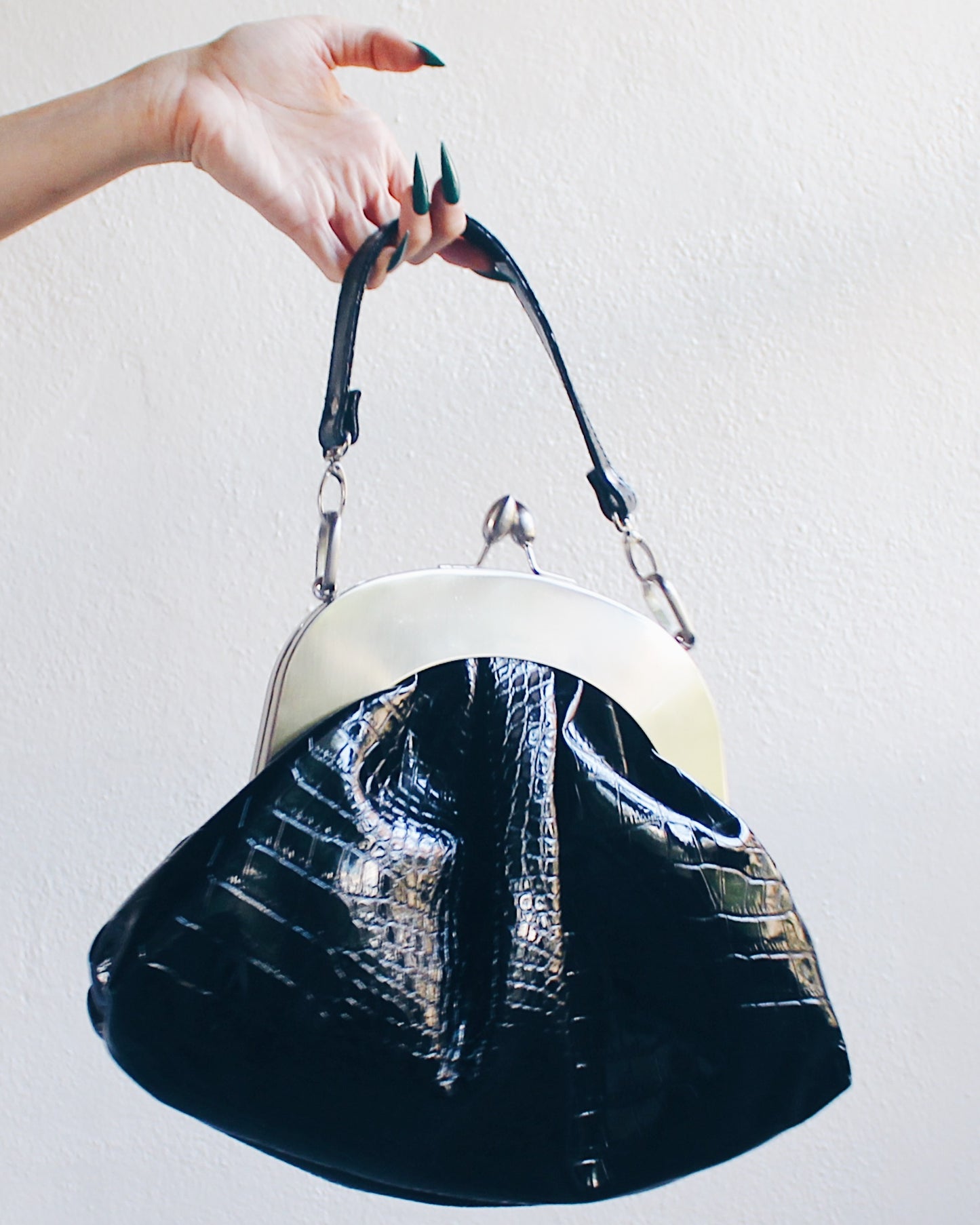Black Alligator-Textured Giant Leather Coin Purse Handbag with Silver Clasp – Bold Statement Piece