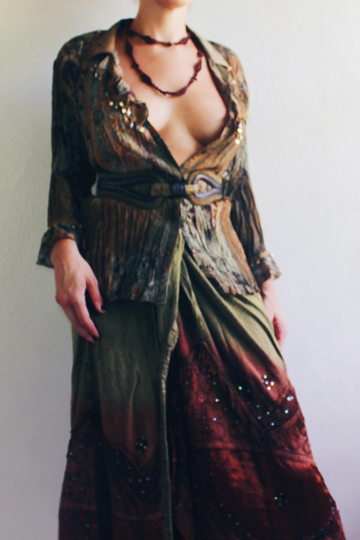 Whimsygoth Green Brown Blouse / Vintage 90s Textured Beaded top / Ruffle sleeve Paisley Artsy Witch Shirt