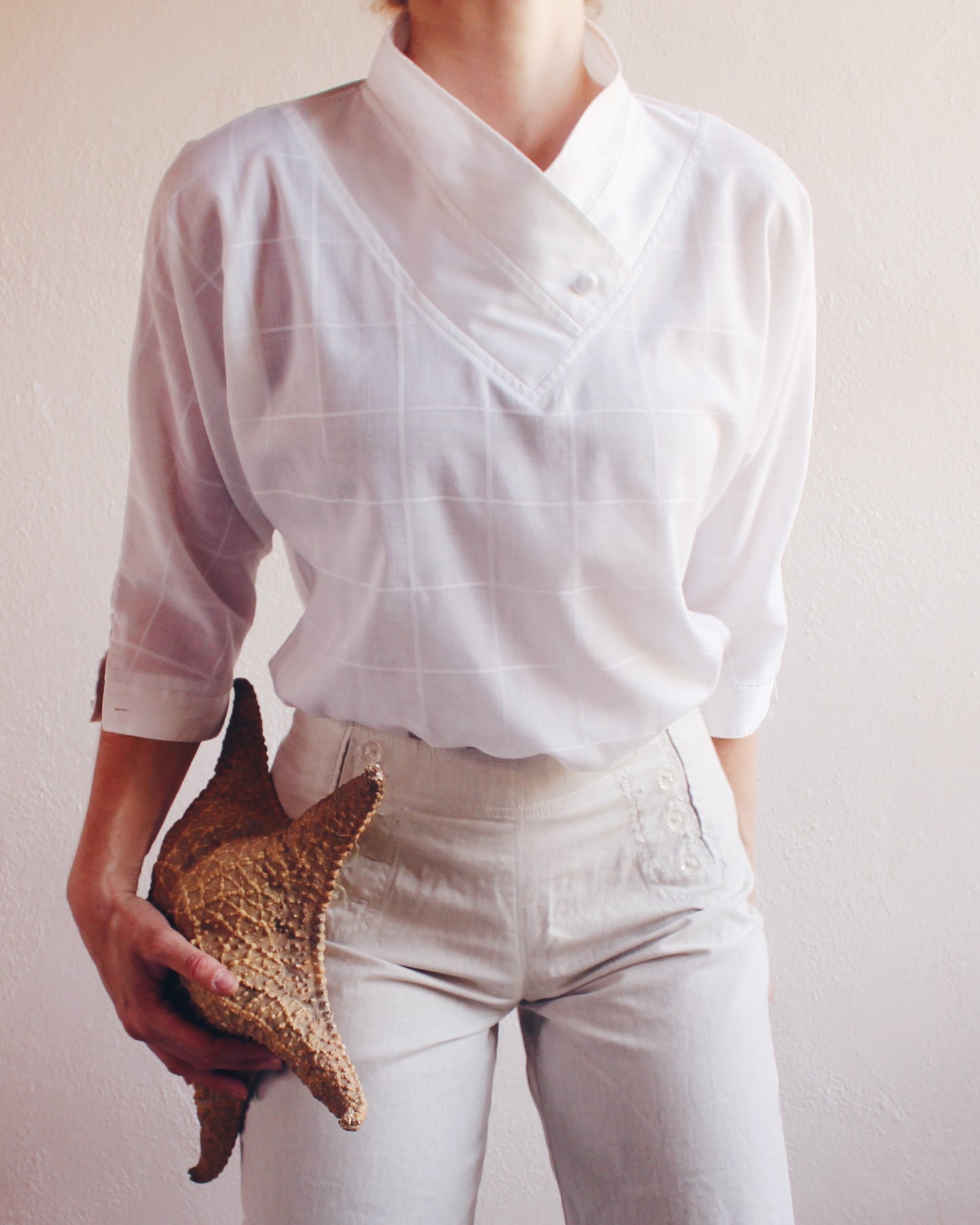 Vintage 1970s Pierre Cardin White Cotton Blouse — Asymmetrical Crossover Collar | Minimalist French Designer Shirt