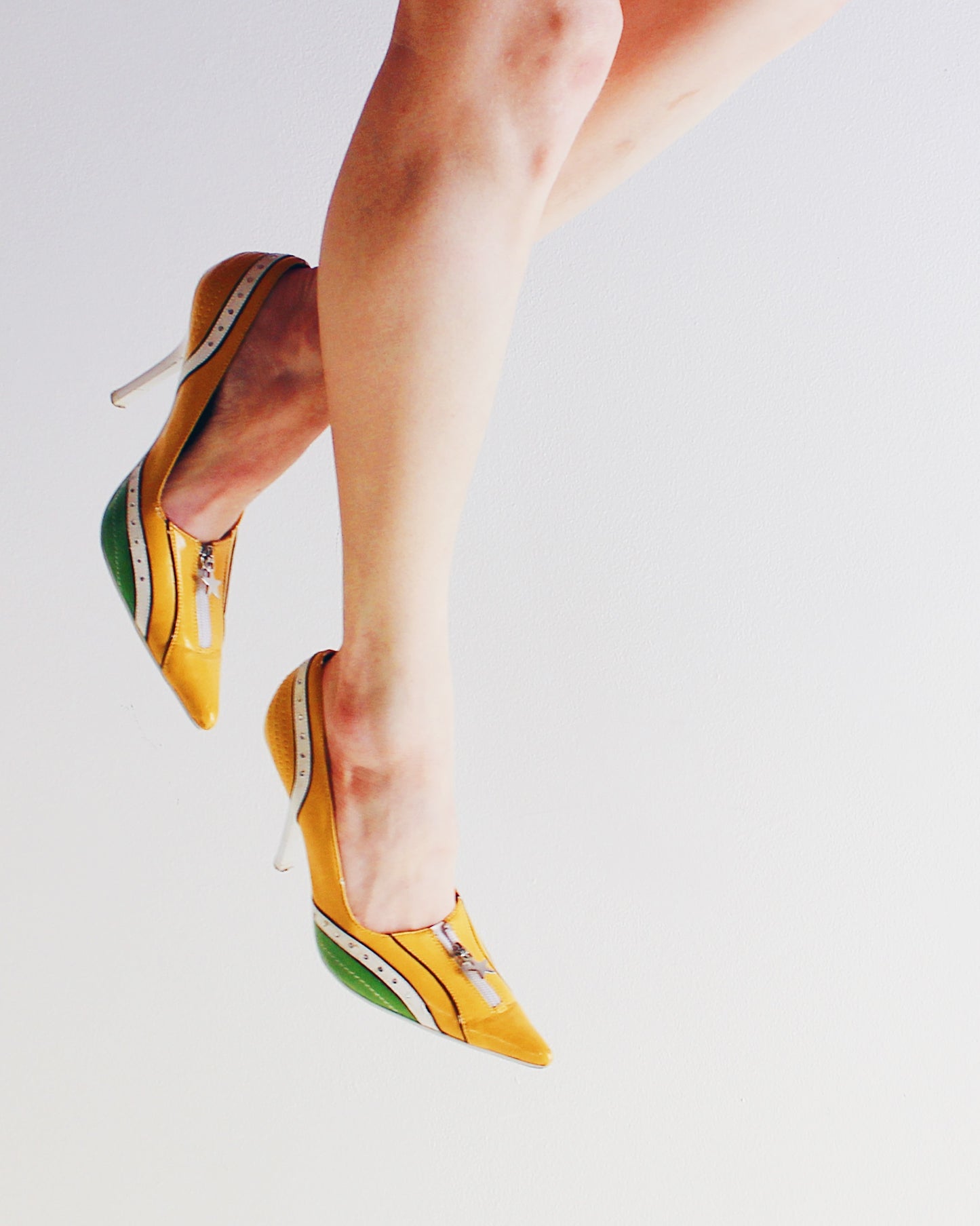 Vintage Y2K Yellow Green Stiletto Heels | Rhinestones & Mock Zipper | Sporty Statement Pointed Toe Pumps