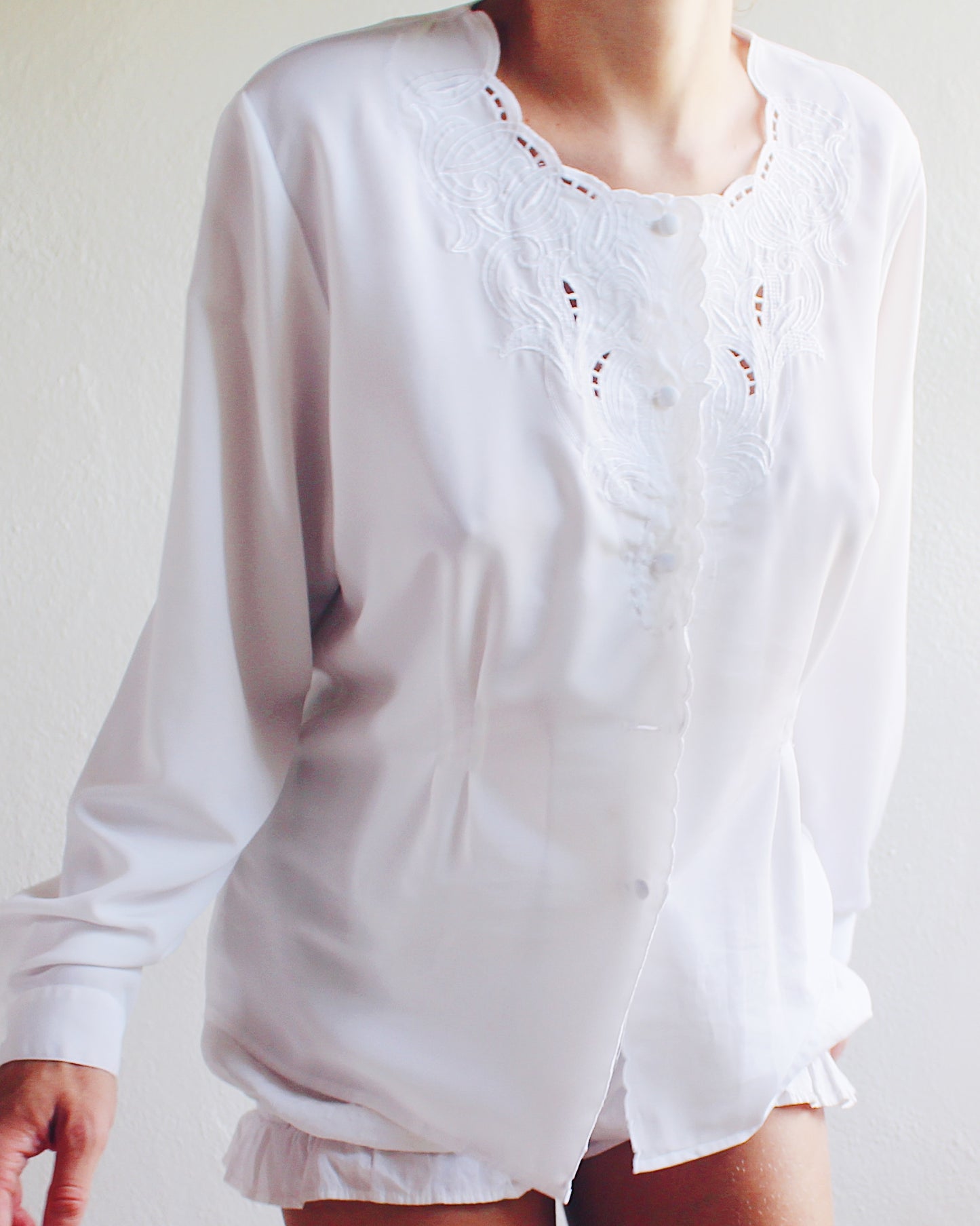 White Vintage Blouse with Pleated Waist and Cut-Out Embroidered neckline - Romantic Cottagecore Coquette Style