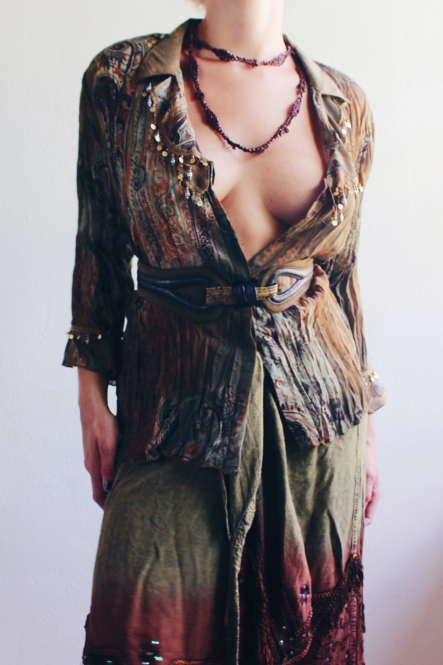 Whimsygoth Green Brown Blouse / Vintage 90s Textured Beaded top / Ruffle sleeve Paisley Artsy Witch Shirt