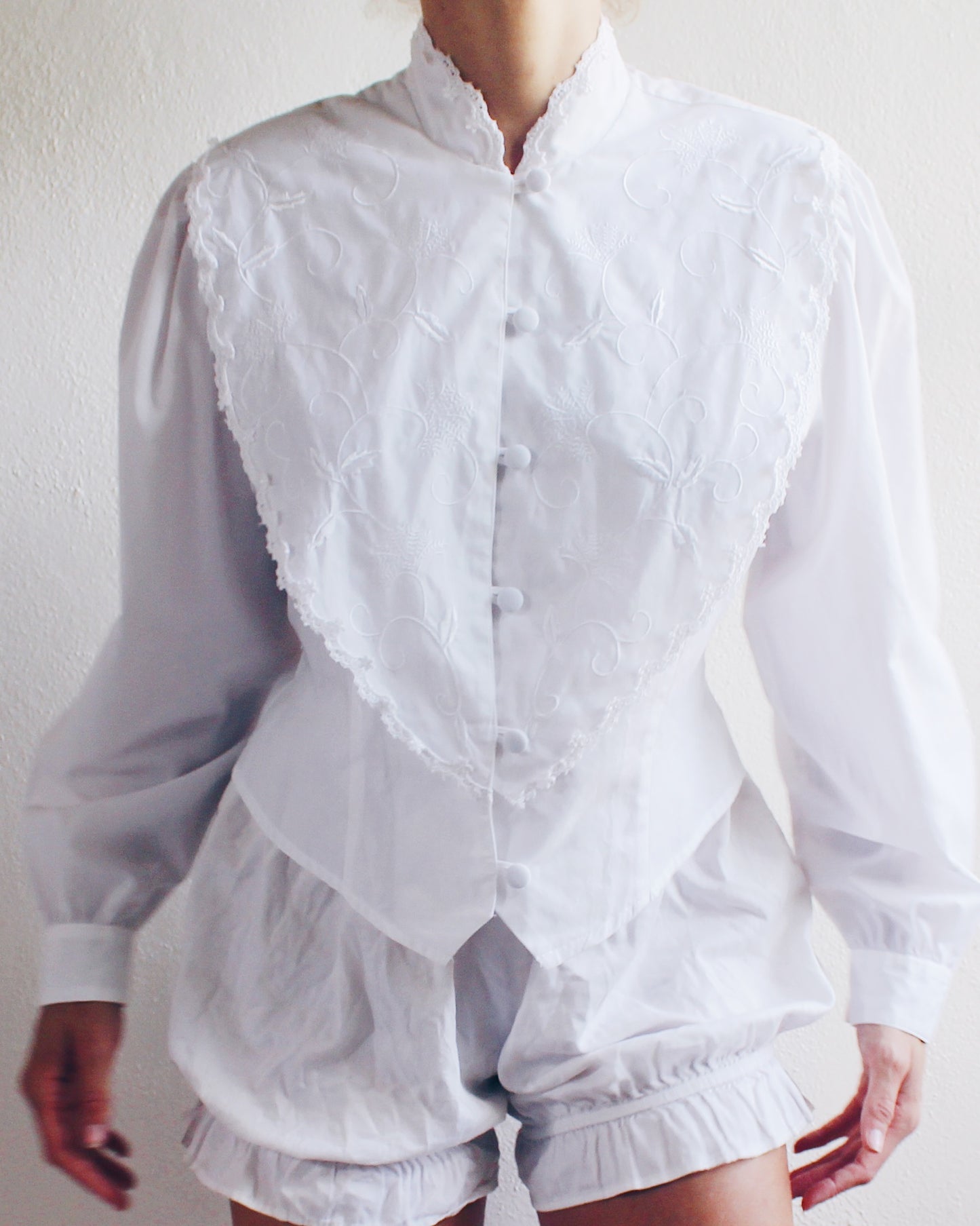 Vintage White Cotton High Neck Blouse - Embroidered Edwardian Silhouette | Cottagecore American Gothic Style | Historic Renewal Fashion