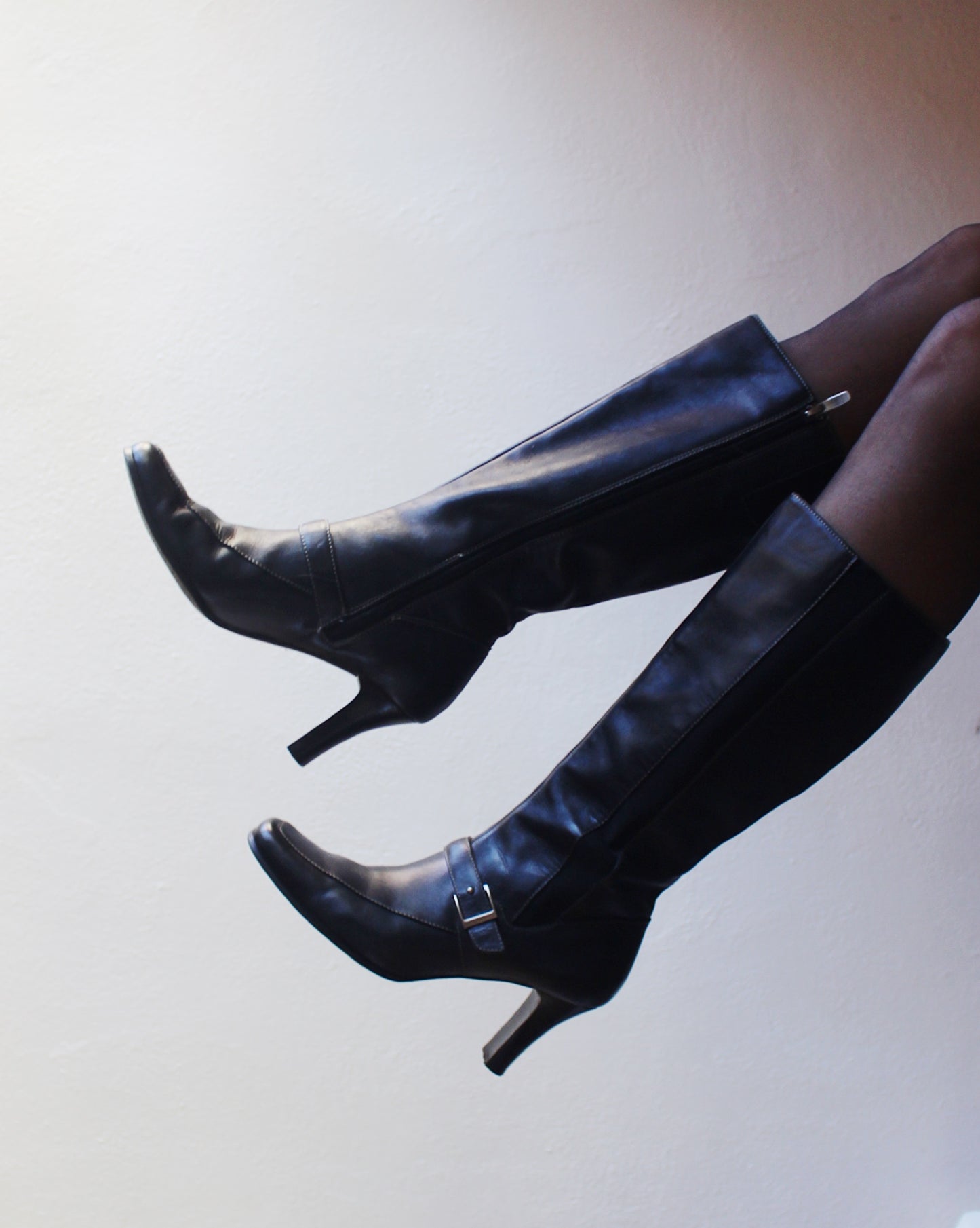 Vintage 90s Worthington Black Leather Talll Boots – 2-Inch Heel, Belt Strap, Elastic Sides | Chic Minimalist Style Librarian Chic
