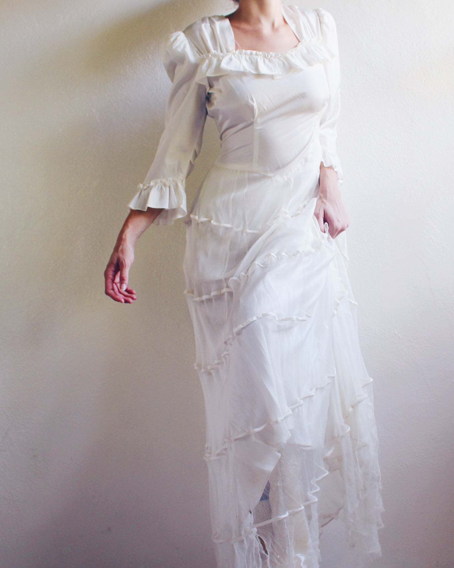 Vintage Handmade Heirloom Wedding Gown – Ethereal Sheer Tiered Dress | Delicate Haunting Bridal Style