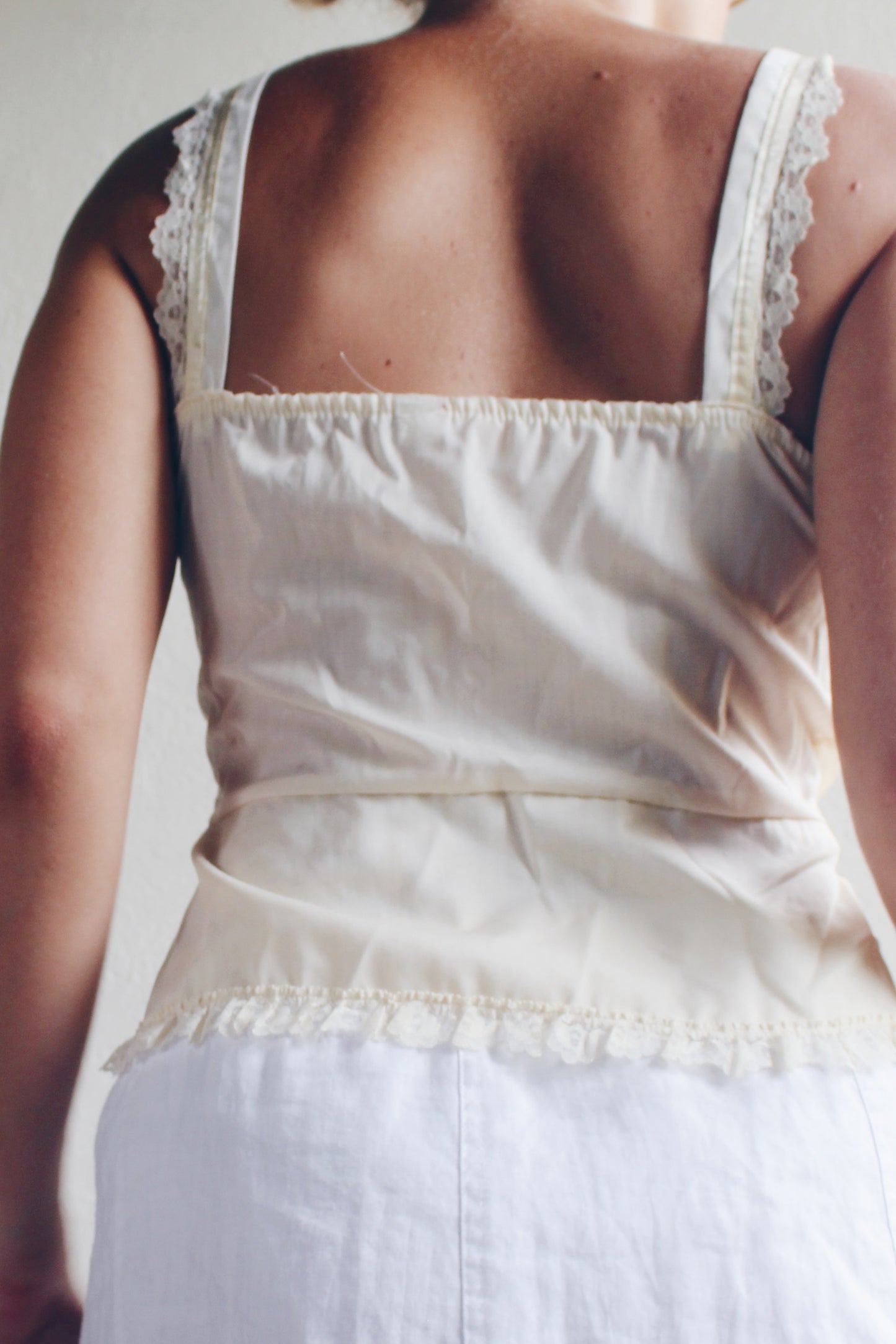 Cream lace tank top / cottage core peplum slip cami / lace Edwardian camisole