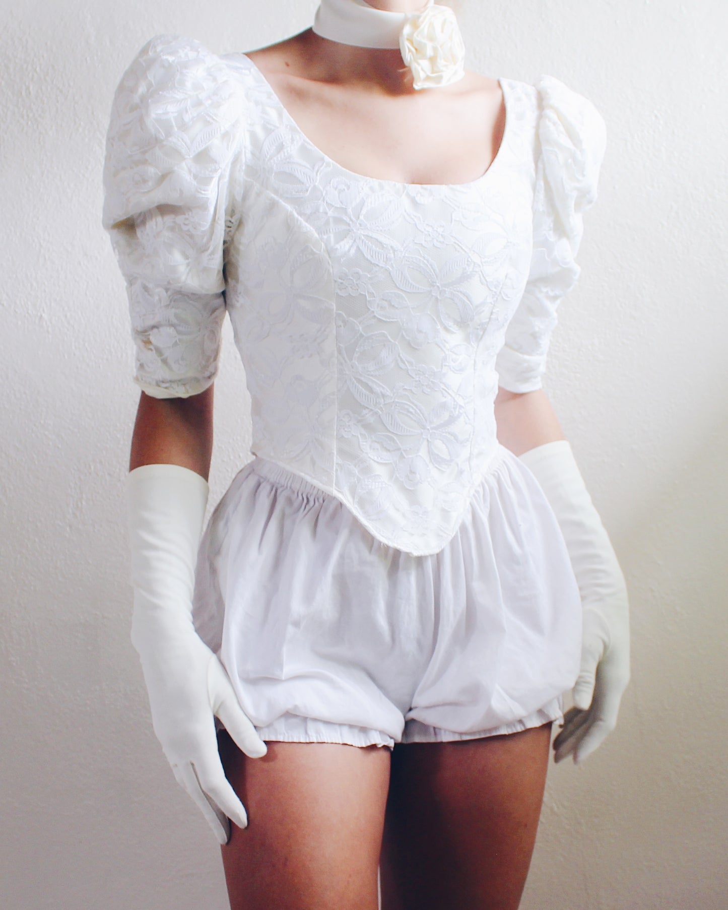 White Reworked Lace-Up Puffy Sleeve Blouse - Upcycled Wedding Dress Top | Victorian Contemporary Coquette Style - Poor Things Vibes