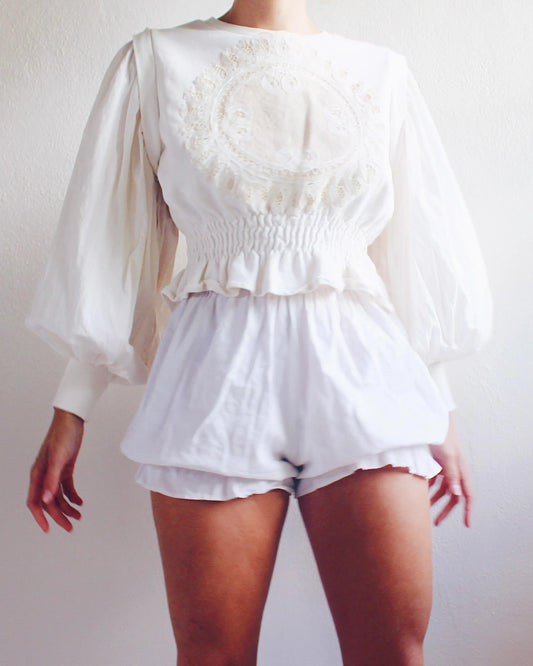Sun Guardian Doily Tunic- Upcycled Shirt with Puffy Medieval Sleeves and Vintage Doily - Boho Cottagecore Androgynous Style