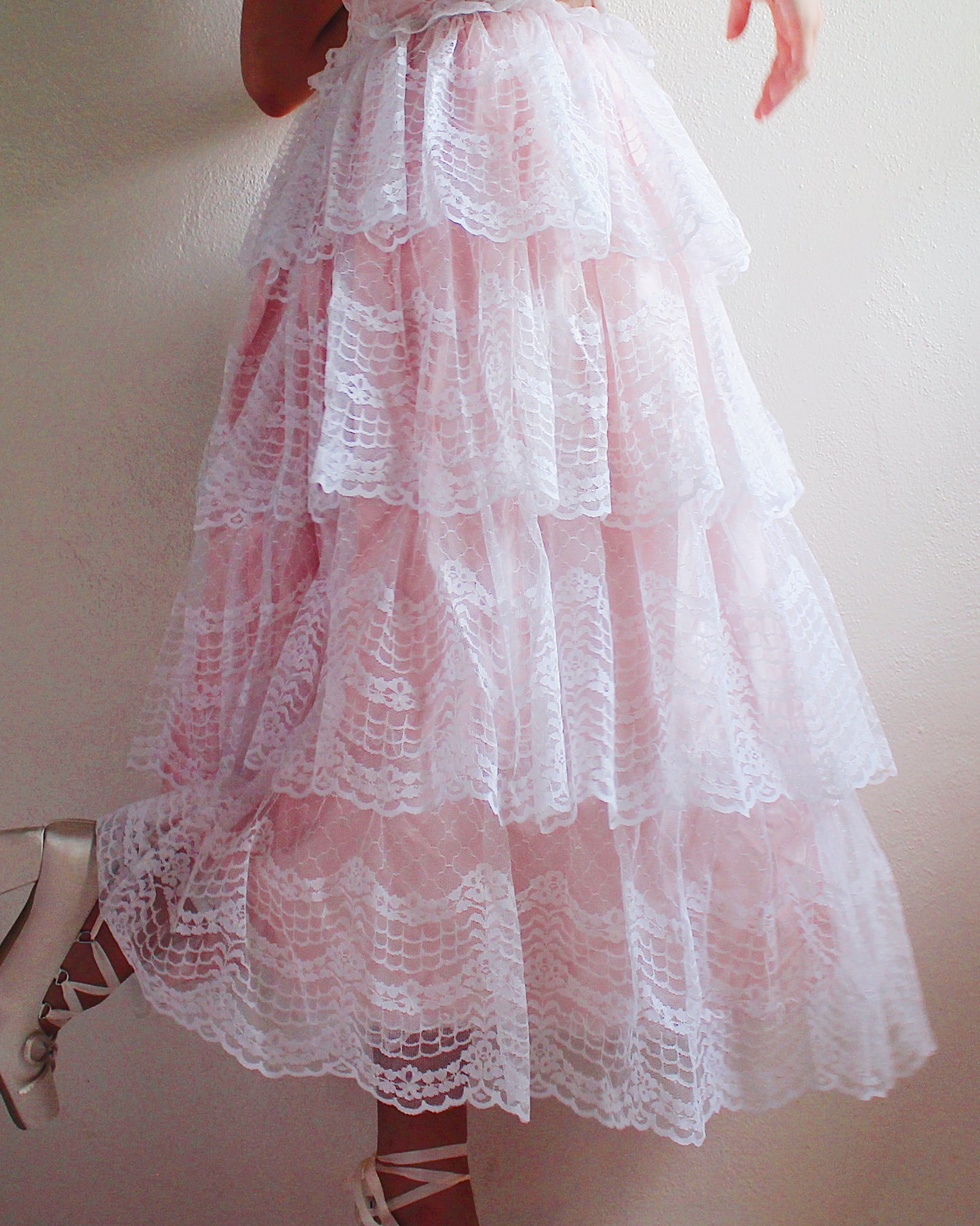 1960s Vintage Pink Lace A-Line Gown - Floral Lace & Tiered Ruffled Skirt | Girly Coquette Retro Style | Priscilla-Inspired Formal Dress