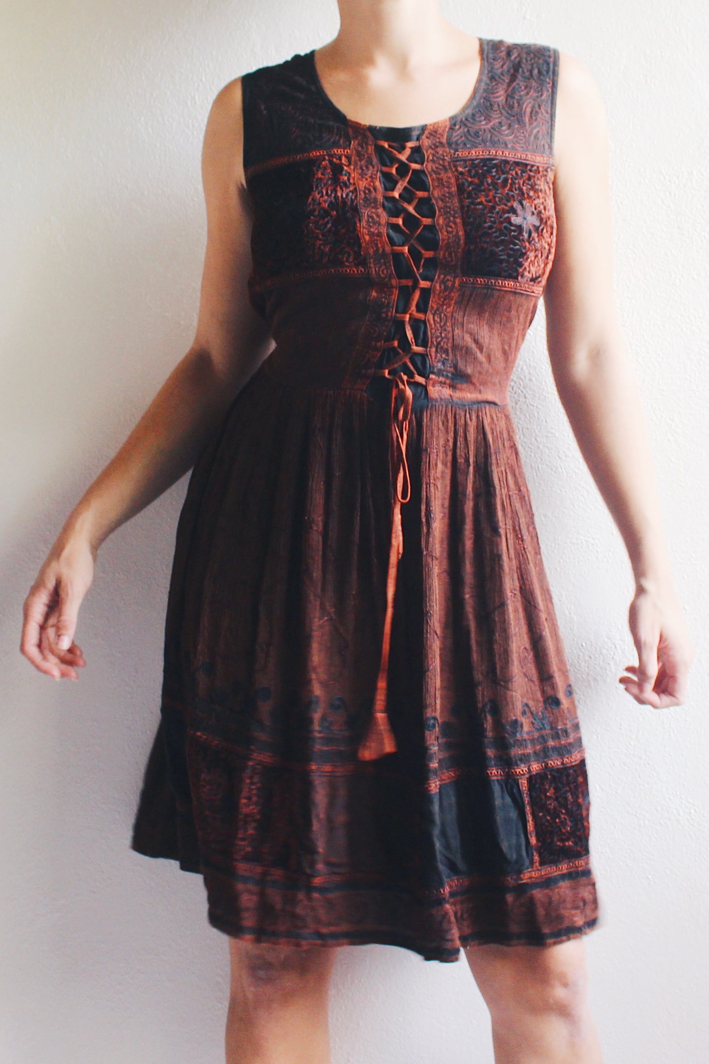 90s Vintage Brown Embroidered Dress with Whimsigoth fairy Vibes
