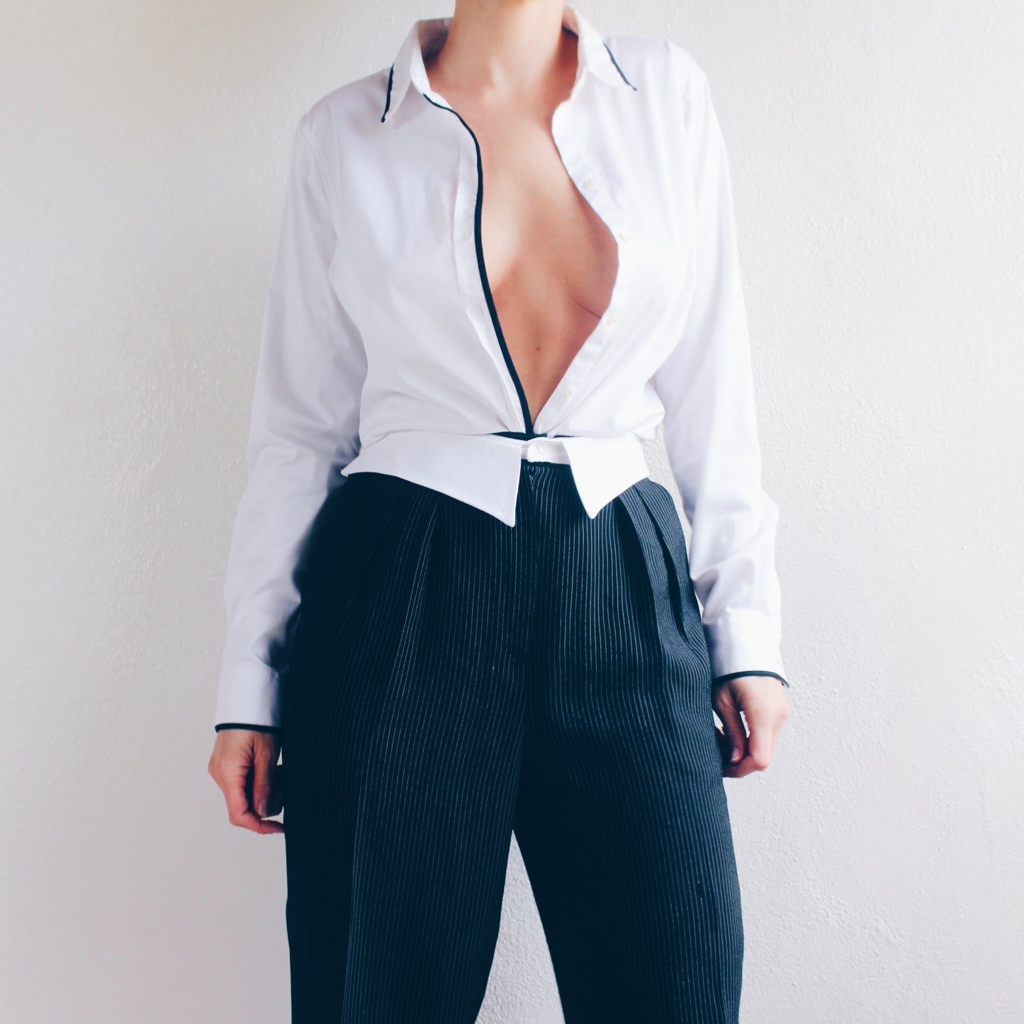 Academic Formal Chic: Vintage Black Pin Striped Collar Waist Pants/ Upcycled 90s Pleated Androgynous Slacks