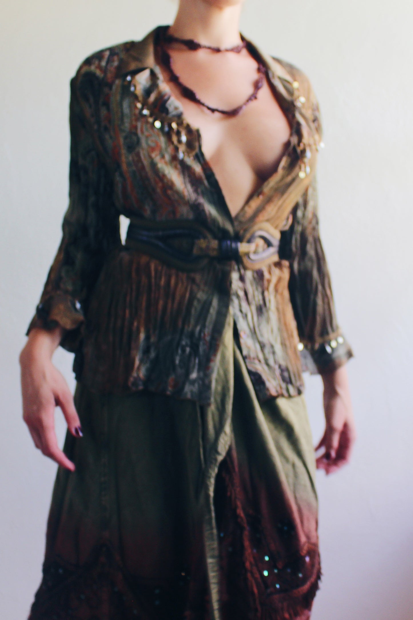 Whimsygoth Green Brown Blouse / Vintage 90s Textured Beaded top / Ruffle sleeve Paisley Artsy Witch Shirt