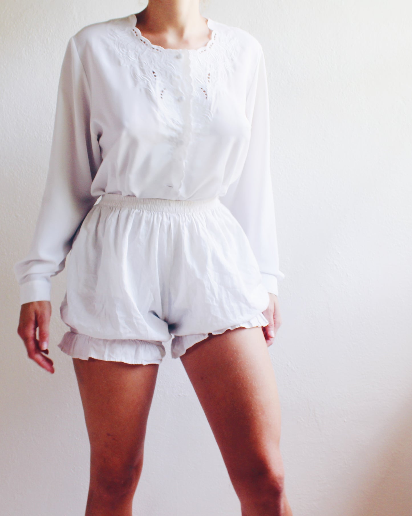 White Vintage Blouse with Pleated Waist and Cut-Out Embroidered neckline - Romantic Cottagecore Coquette Style