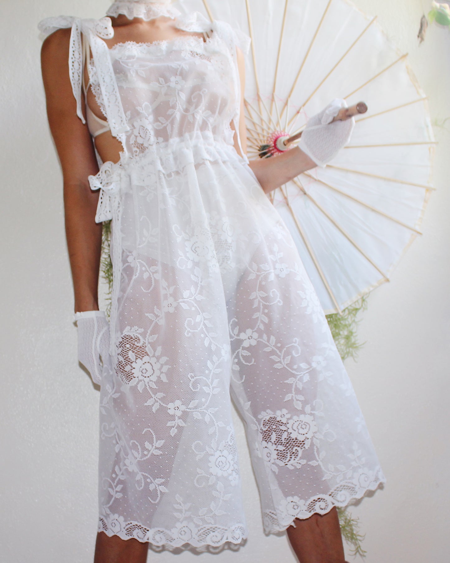 Upcycled Sheer Lace Overalls – Vintage White Curtain Reworked Dungarees | Whimsical Boho Summer Style