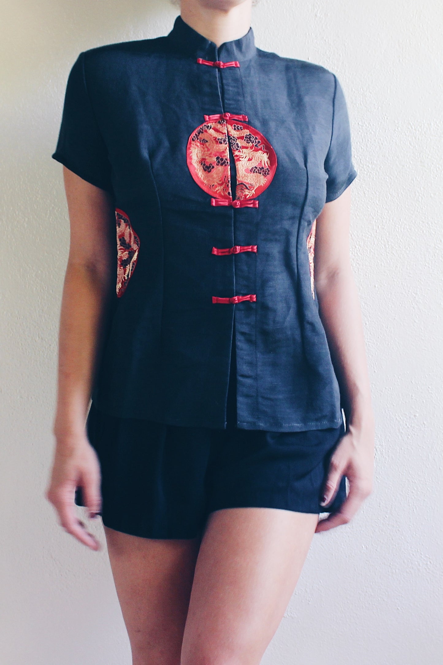 Black Chinese tunic / black red gold dragon shirt / linen silk cheongsam / 90s vintage top