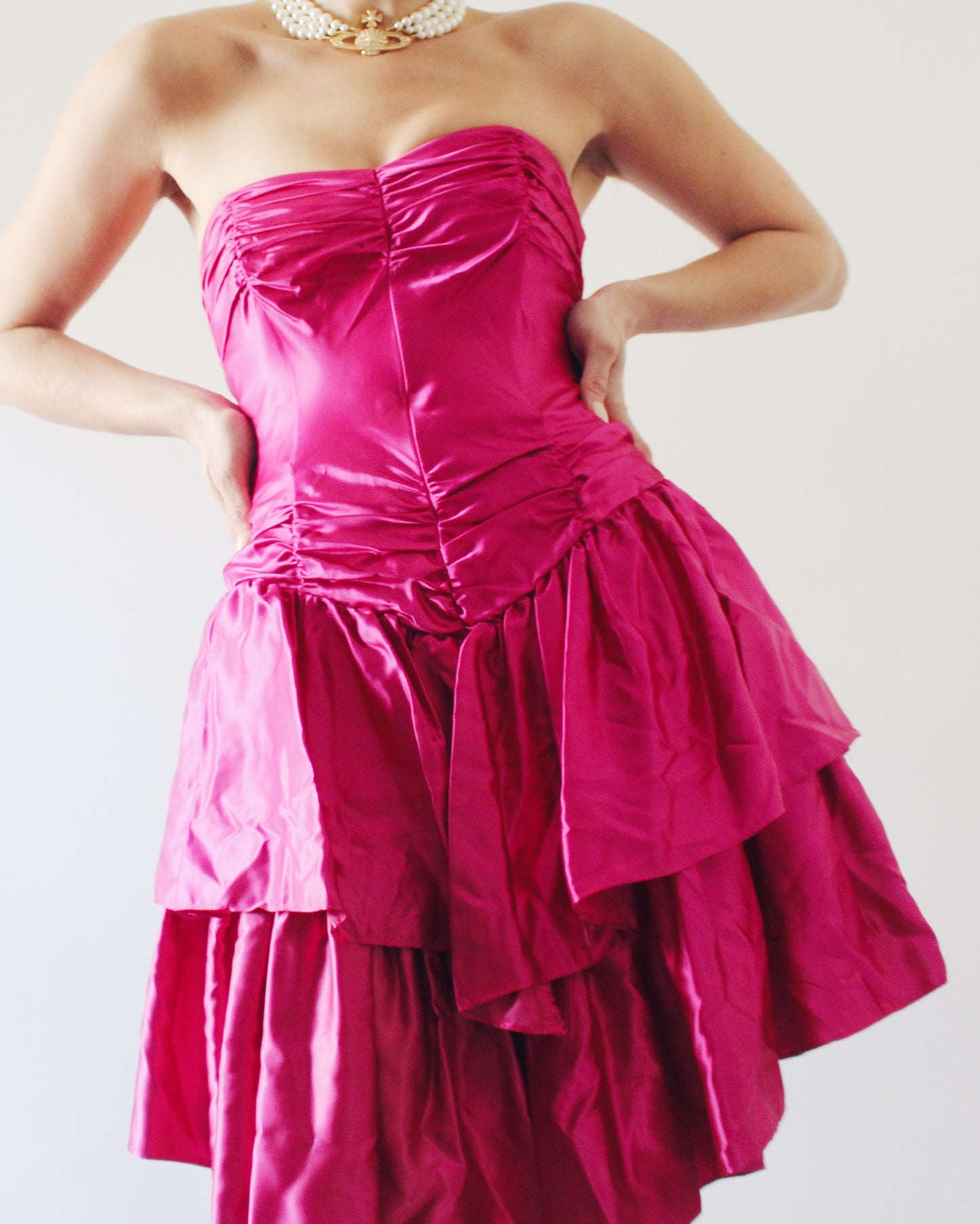 Vintage 1980s Bright Pink Mini Dress – Sleek Formal Cocktail Dress with 80s Statement Style Vintage 1960s Coquette Pink Tiered Tulle Gown