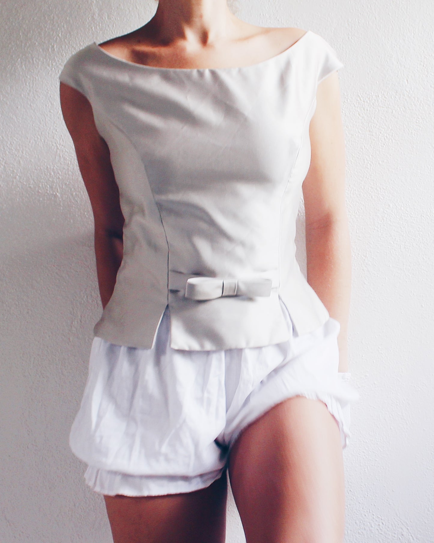 Formal Grey Sleeveless Top with Bow Waist - Coquette Corporate Office Siren Style | Back Button Tank