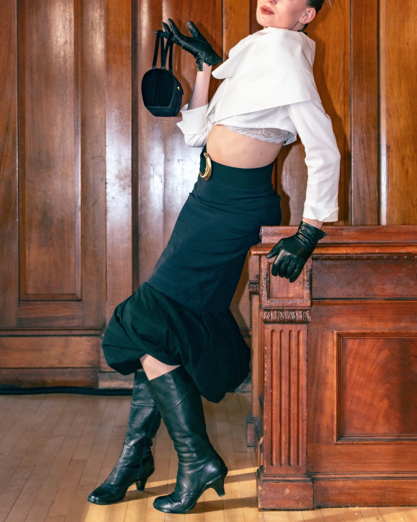 Upcycled 90s Black Silk Fishtail Skirt with Bubbled Hem – Vintage Sustainable Fashion