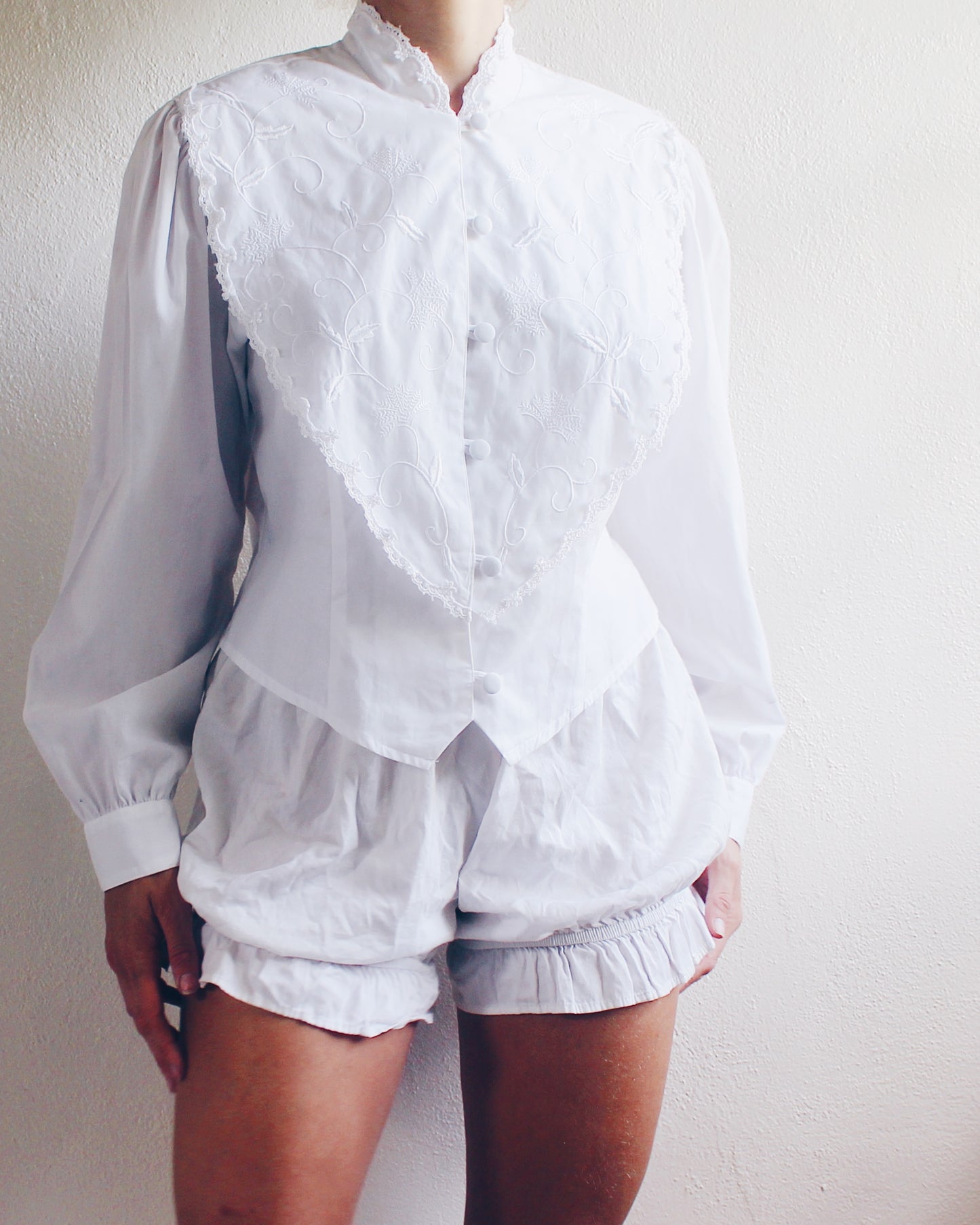 Vintage White Cotton High Neck Blouse - Embroidered Edwardian Silhouette | Cottagecore American Gothic Style | Historic Renewal Fashion