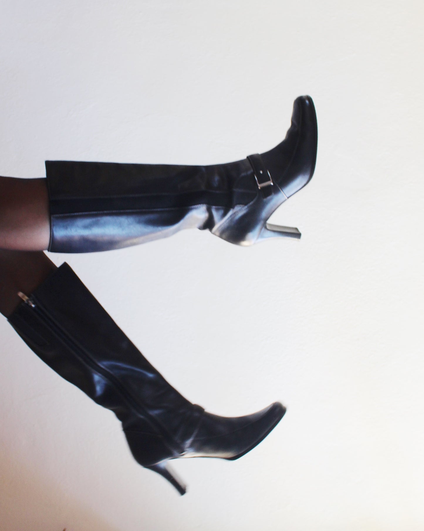 Vintage 90s Worthington Black Leather Talll Boots – 2-Inch Heel, Belt Strap, Elastic Sides | Chic Minimalist Style Librarian Chic