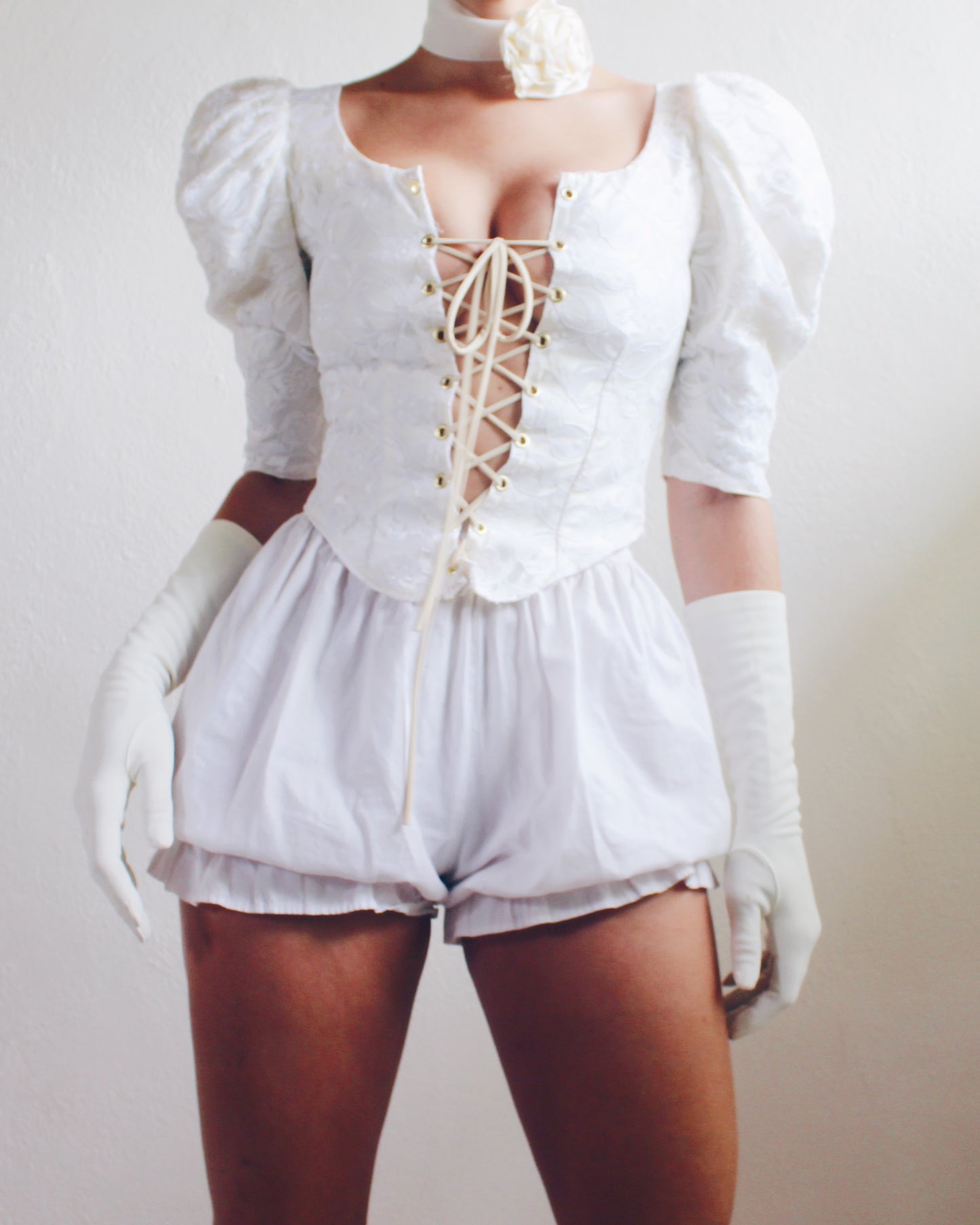 White Reworked Lace-Up Puffy Sleeve Blouse - Upcycled Wedding Dress Top | Victorian Contemporary Coquette Style - Poor Things Vibes