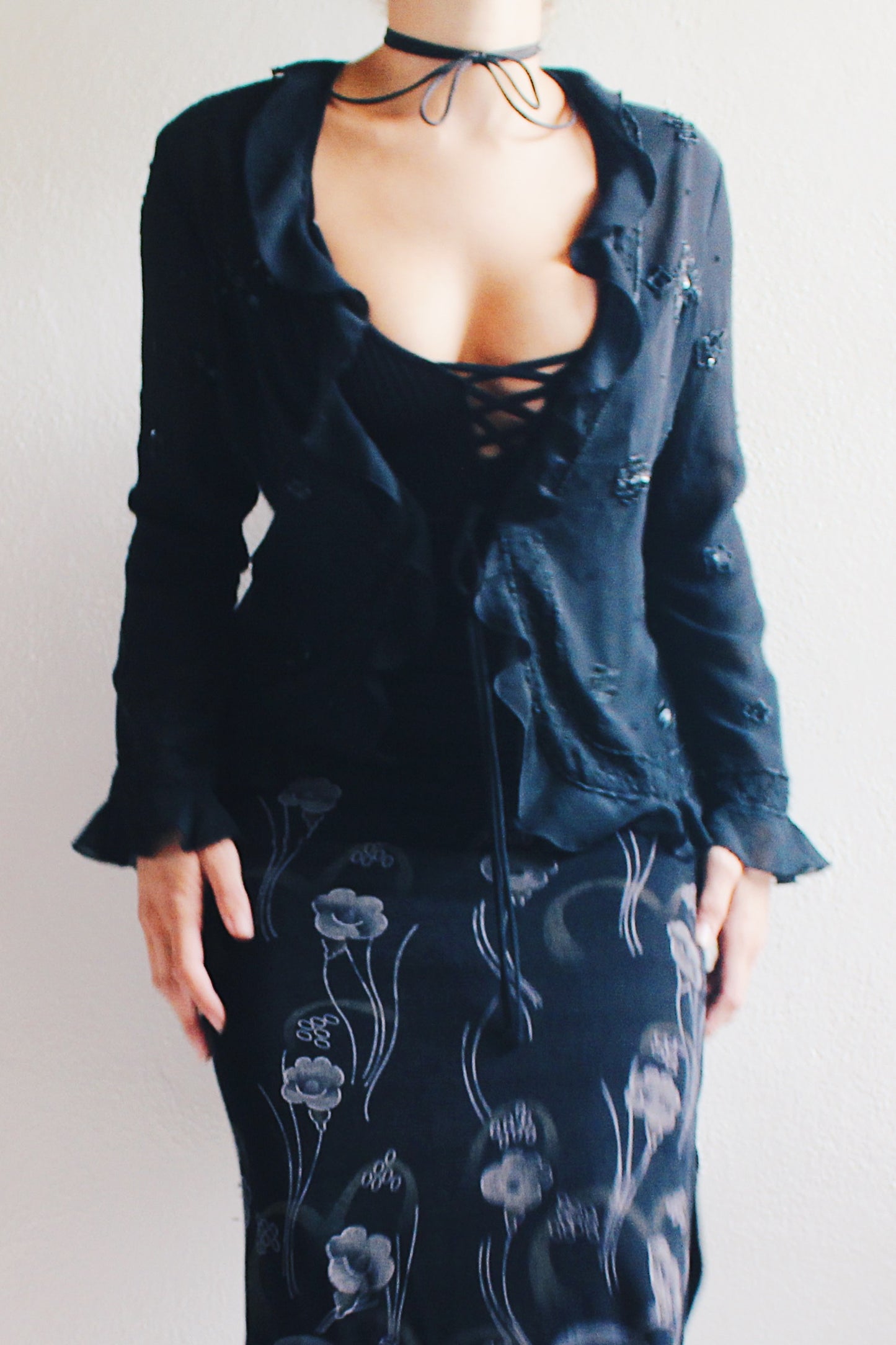 Witchy Black Silk 90s Vibes: Beaded Lettuce Hem Top