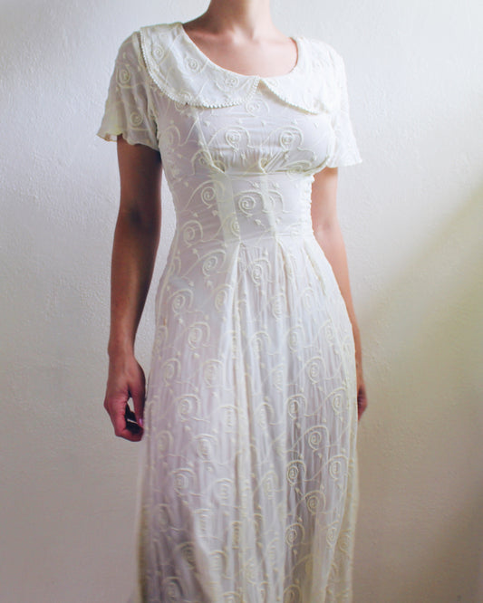 Sheer Cream Vintage Short Sleeve A-Line Prairie Dress - Bohemian American Gothic Style | Southern Cottagecore Scalloped Collar