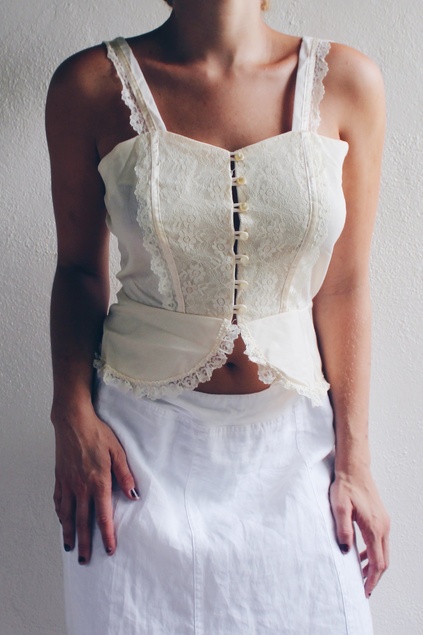 Cream lace tank top / cottage core peplum slip cami / lace Edwardian camisole