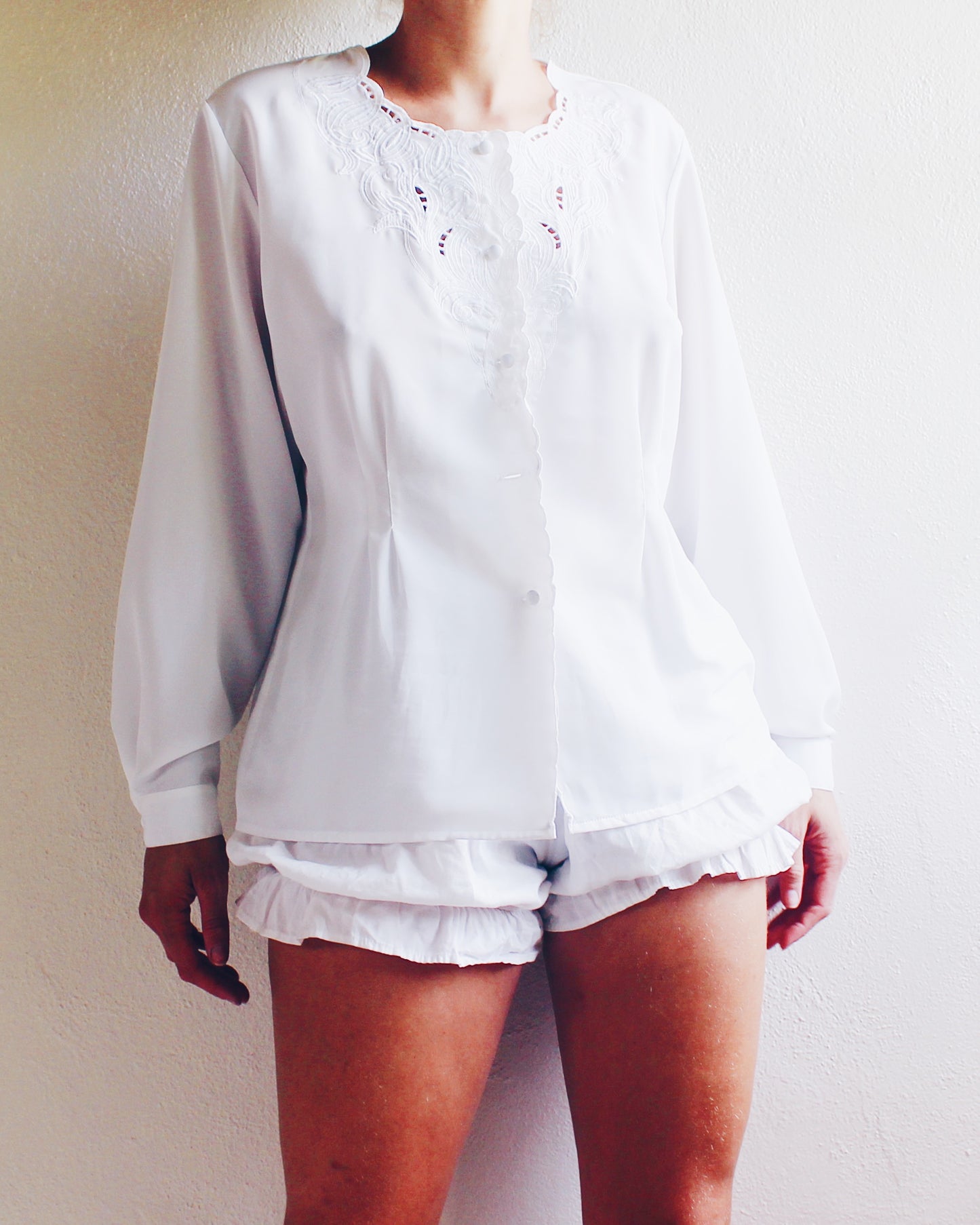 White Vintage Blouse with Pleated Waist and Cut-Out Embroidered neckline - Romantic Cottagecore Coquette Style