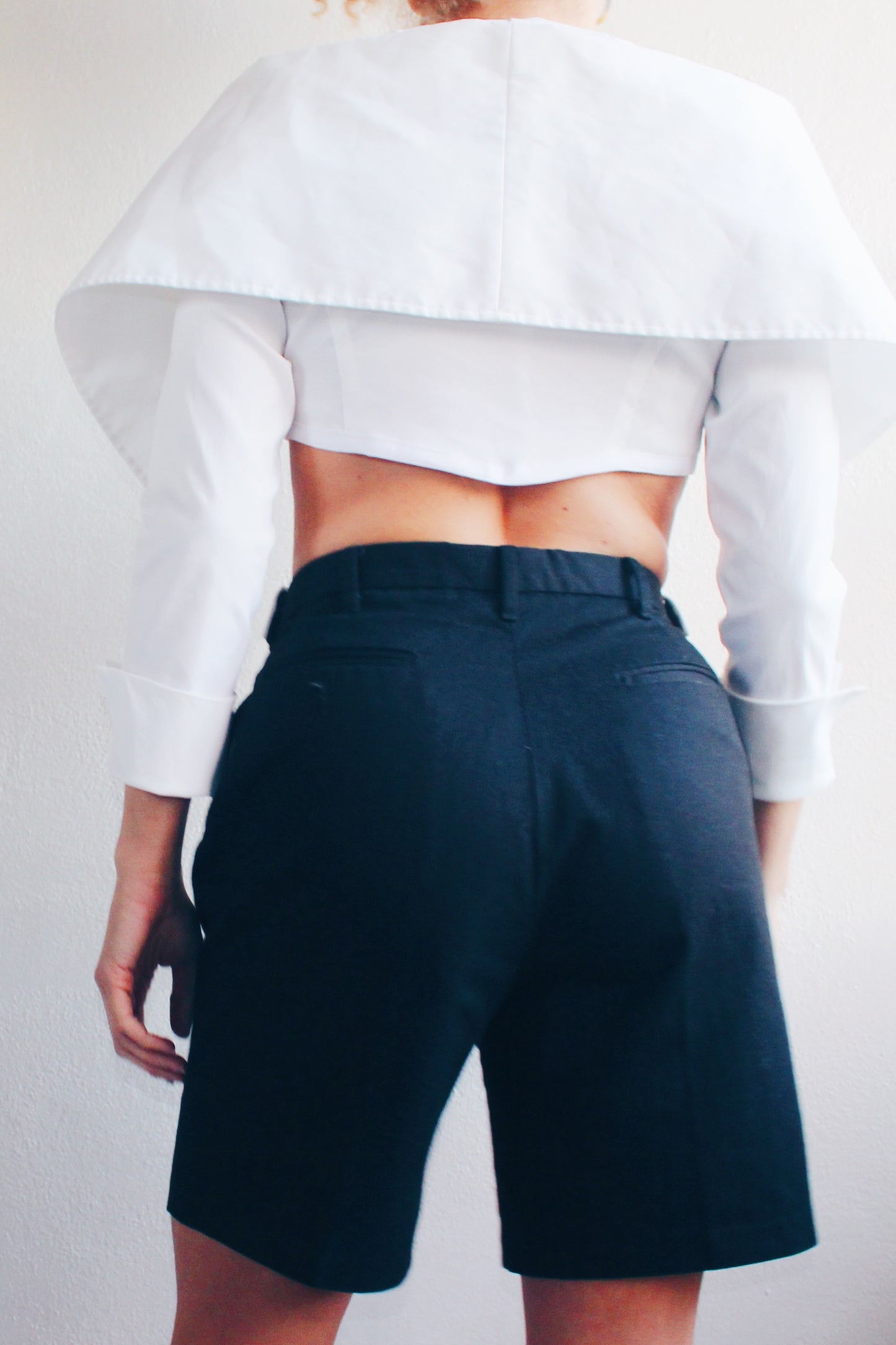 Androgynous Formal: Upcycled Black Pleated Shorts with Attached White Shirt Collar