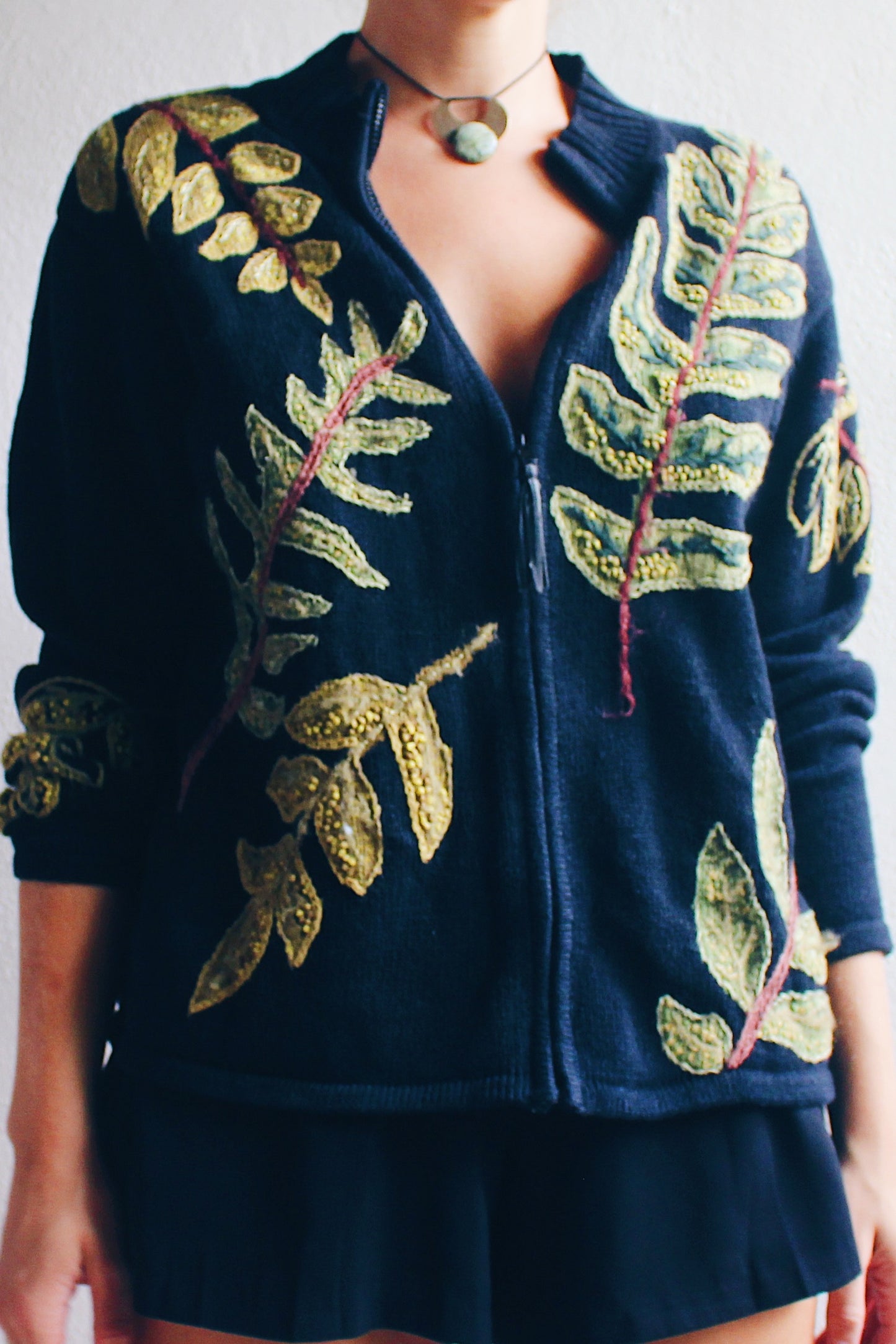Vintage '90s Whimsigoth Knit Zip-Up Sweater / Goblincore tree branch knit zip up cardigan