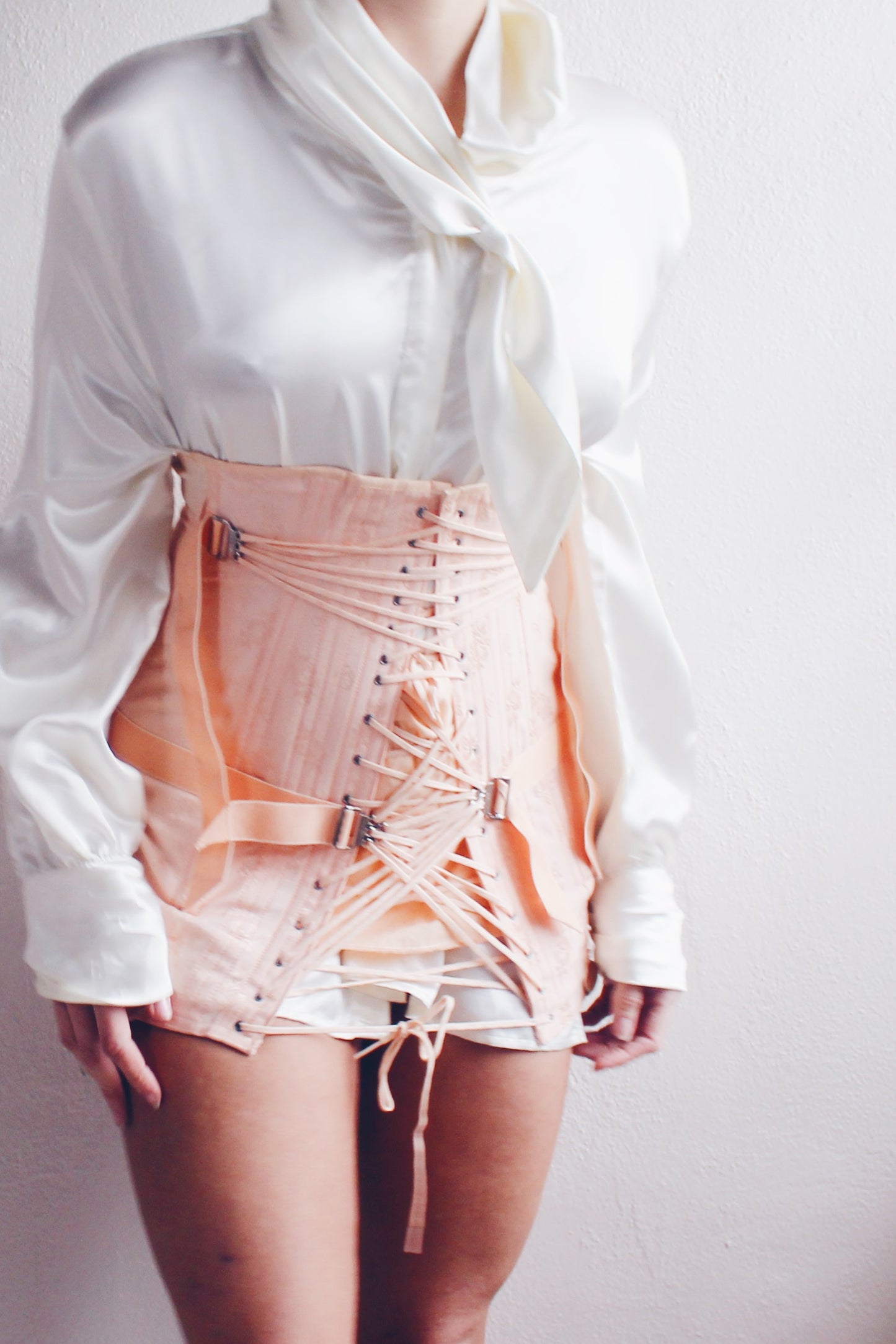 1980s Elegance: Vintage White Satin Blouse with Hanky Tie Collar
