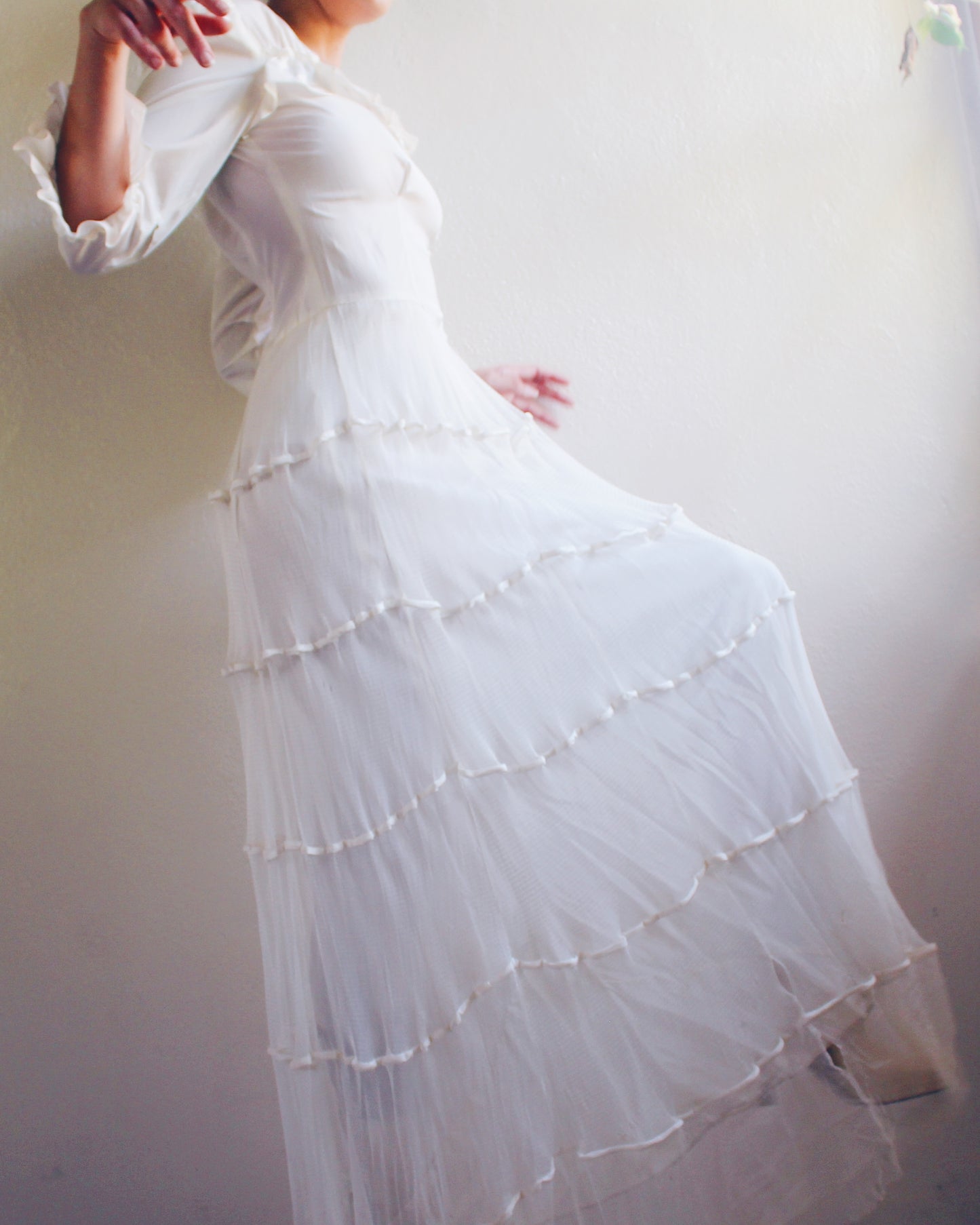 Vintage Handmade Heirloom Wedding Gown – Ethereal Sheer Tiered Dress | Delicate Haunting Bridal Style