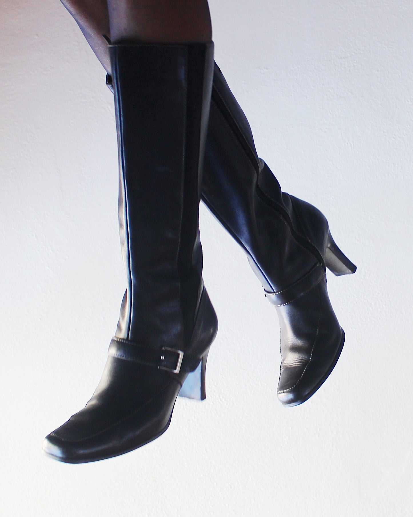 Vintage 90s Worthington Black Leather Talll Boots – 2-Inch Heel, Belt Strap, Elastic Sides | Chic Minimalist Style Librarian Chic