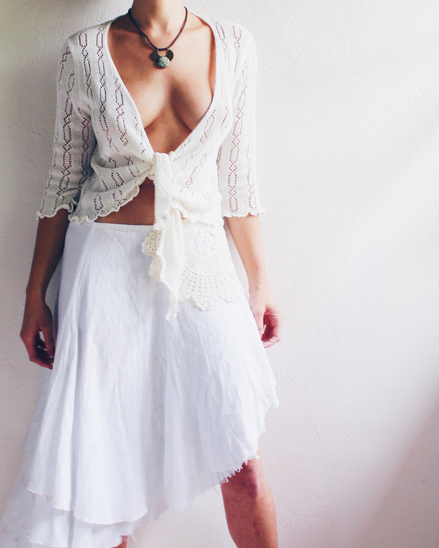 Y2K Vintage Cream Knit Cardigan with Ruffled Lettuce Hem - Cute Coquette Style | Perfect for Layering Boho Outfits