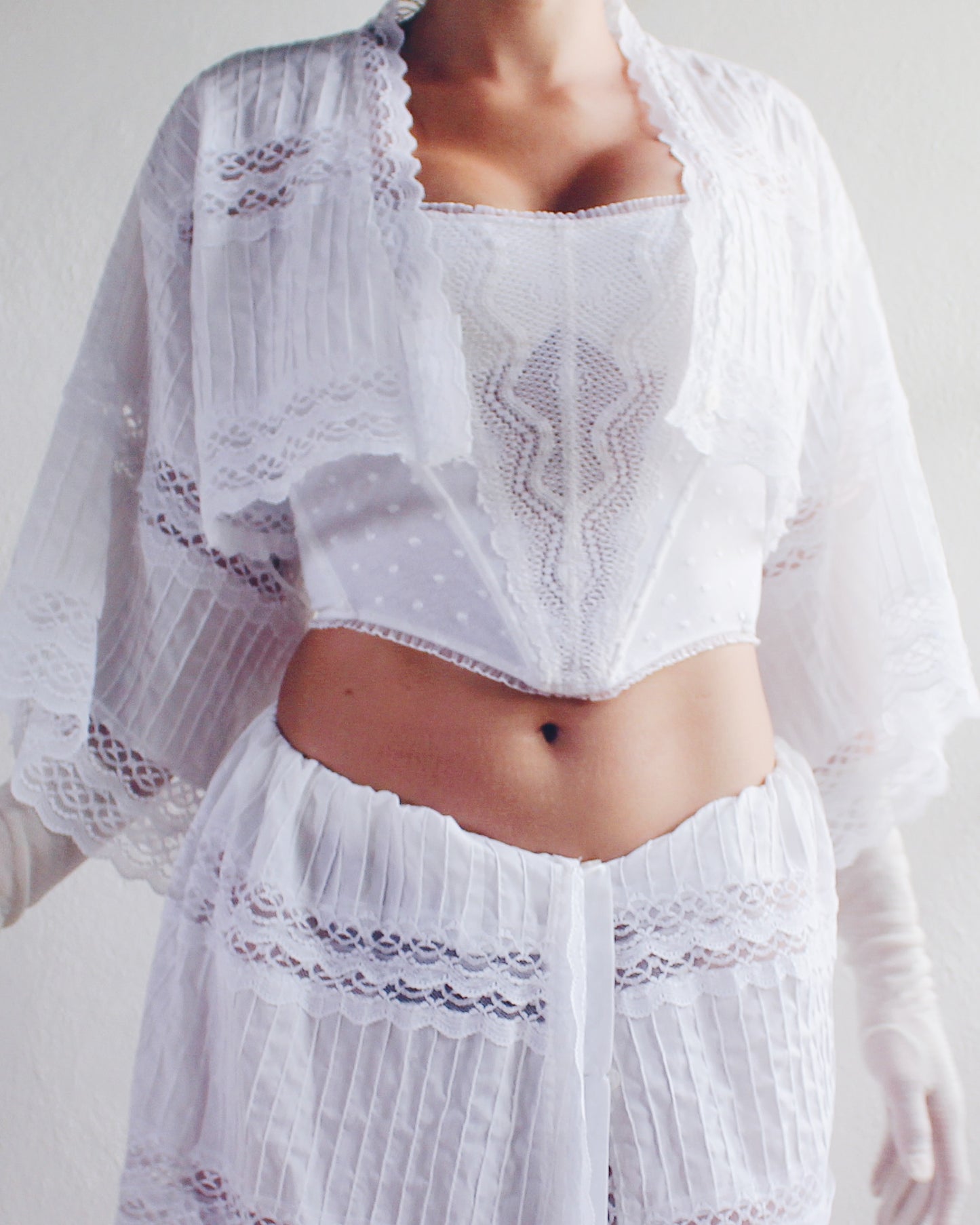 Upcycled White Cotton Skirt and Button Up Set with Lace Panels - Tropical Bohemian Style | Sustainable Fashion Made from Recycled Vintage