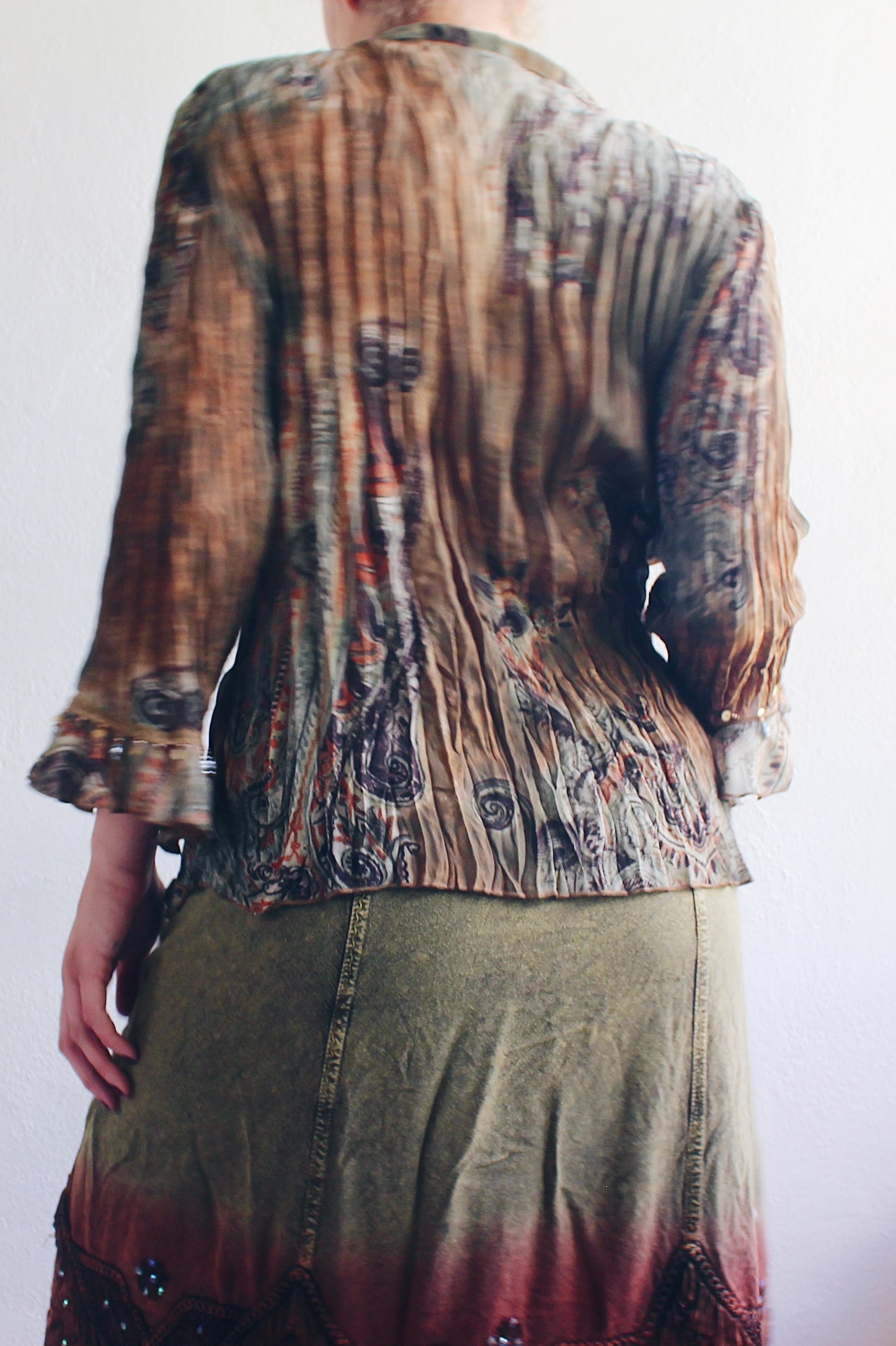 Whimsygoth Green Brown Blouse / Vintage 90s Textured Beaded top / Ruffle sleeve Paisley Artsy Witch Shirt