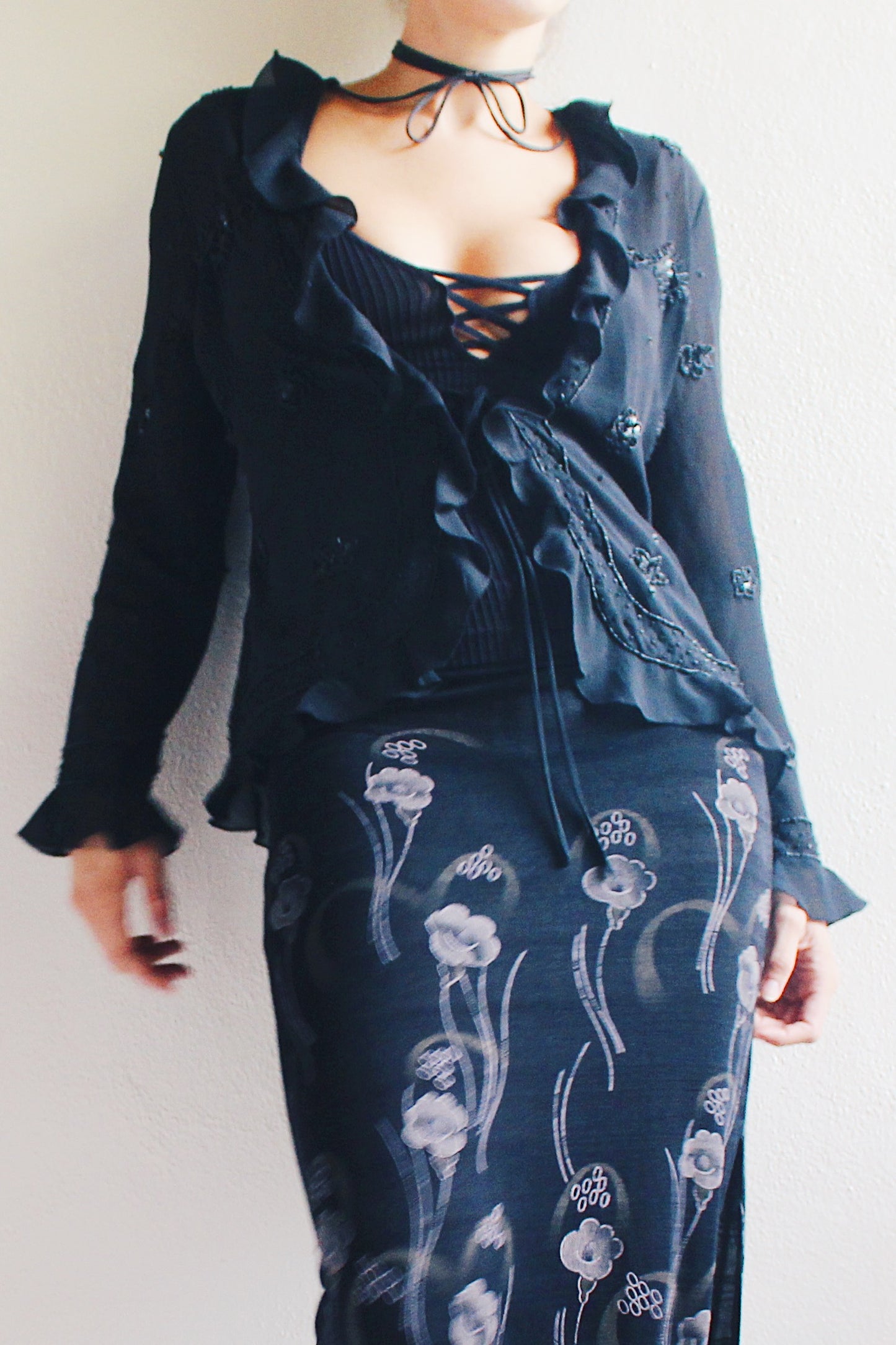 Witchy Black Silk 90s Vibes: Beaded Lettuce Hem Top