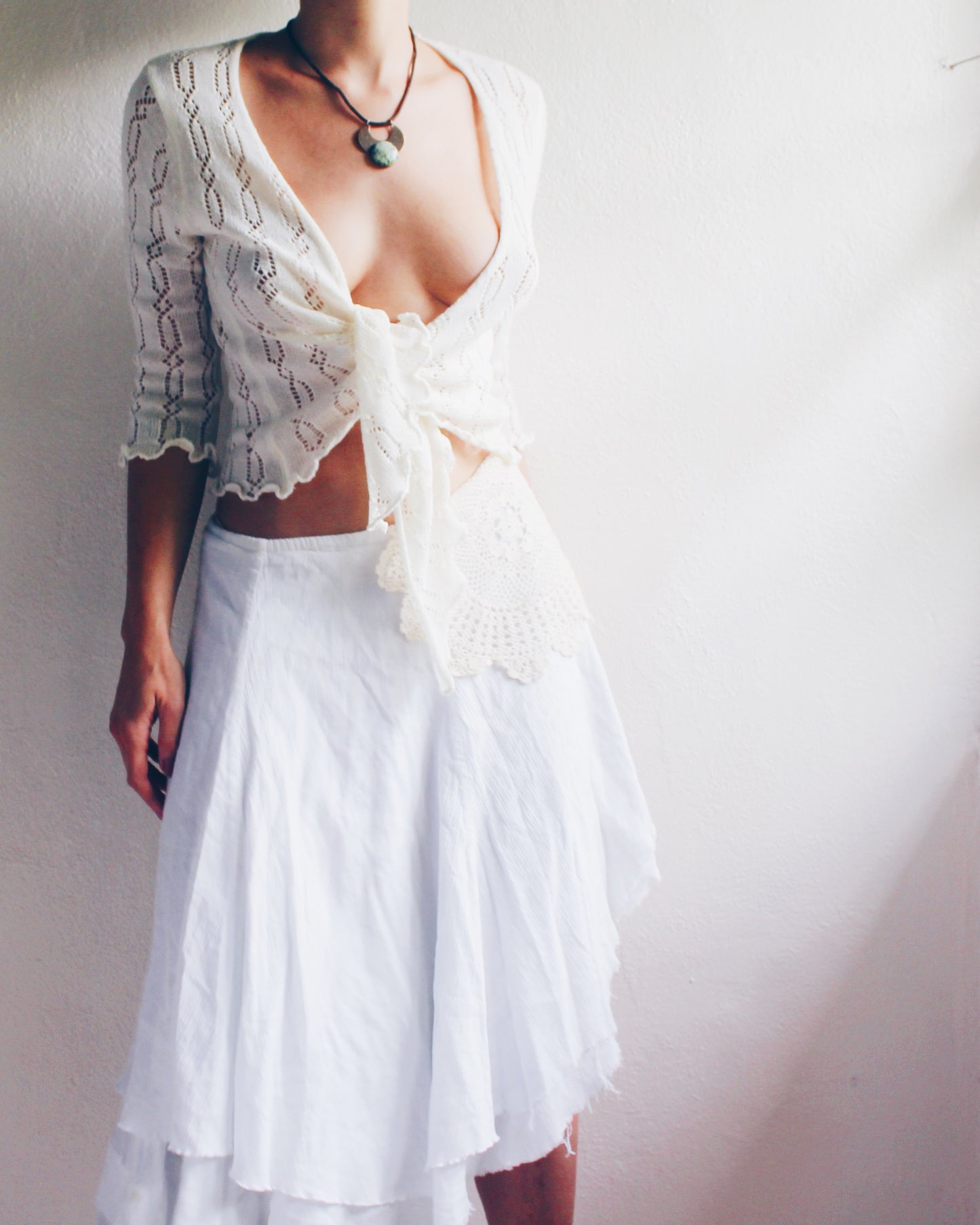 Y2K Vintage Cream Knit Cardigan with Ruffled Lettuce Hem - Cute Coquette Style | Perfect for Layering Boho Outfits