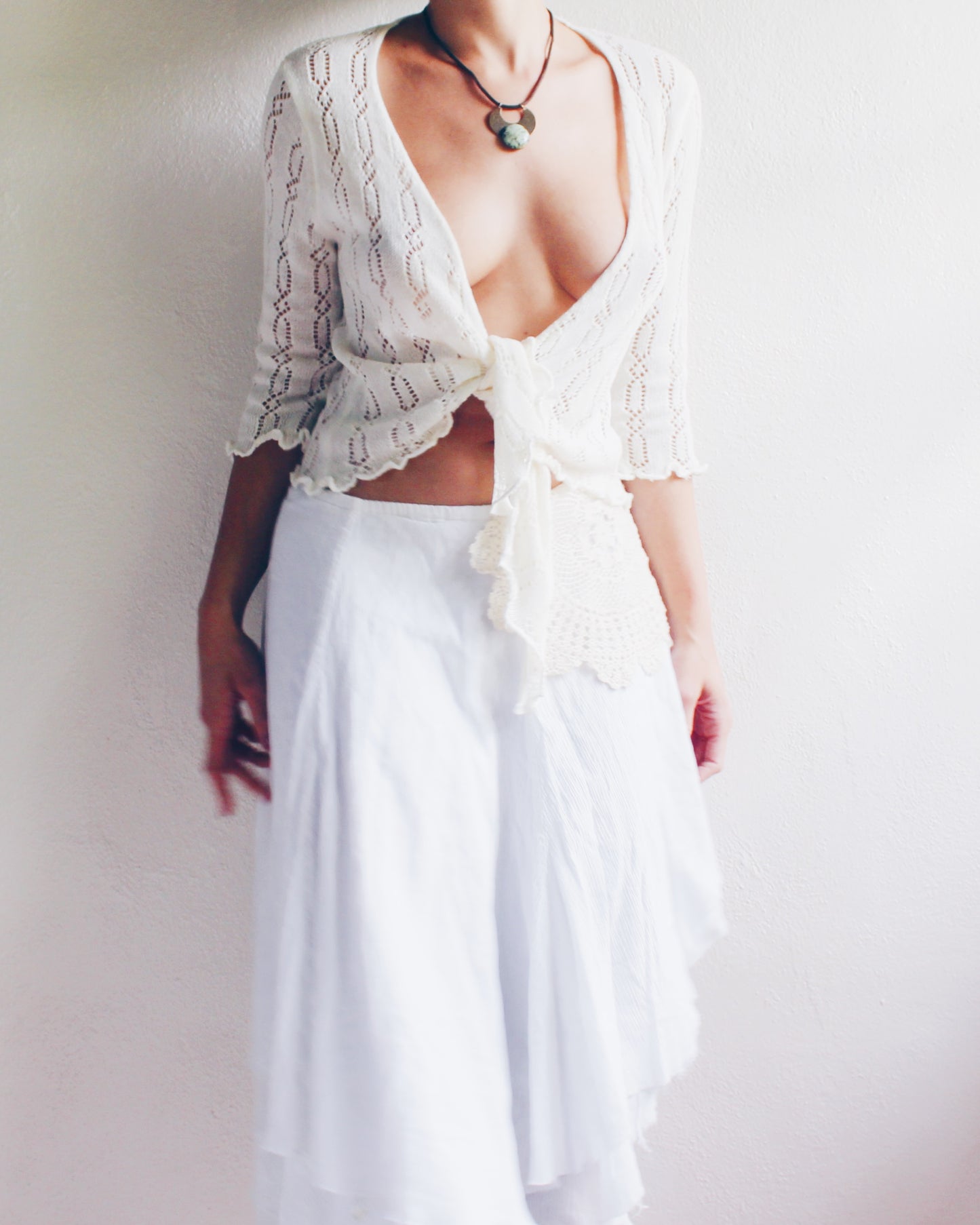 Y2K Vintage Cream Knit Cardigan with Ruffled Lettuce Hem - Cute Coquette Style | Perfect for Layering Boho Outfits