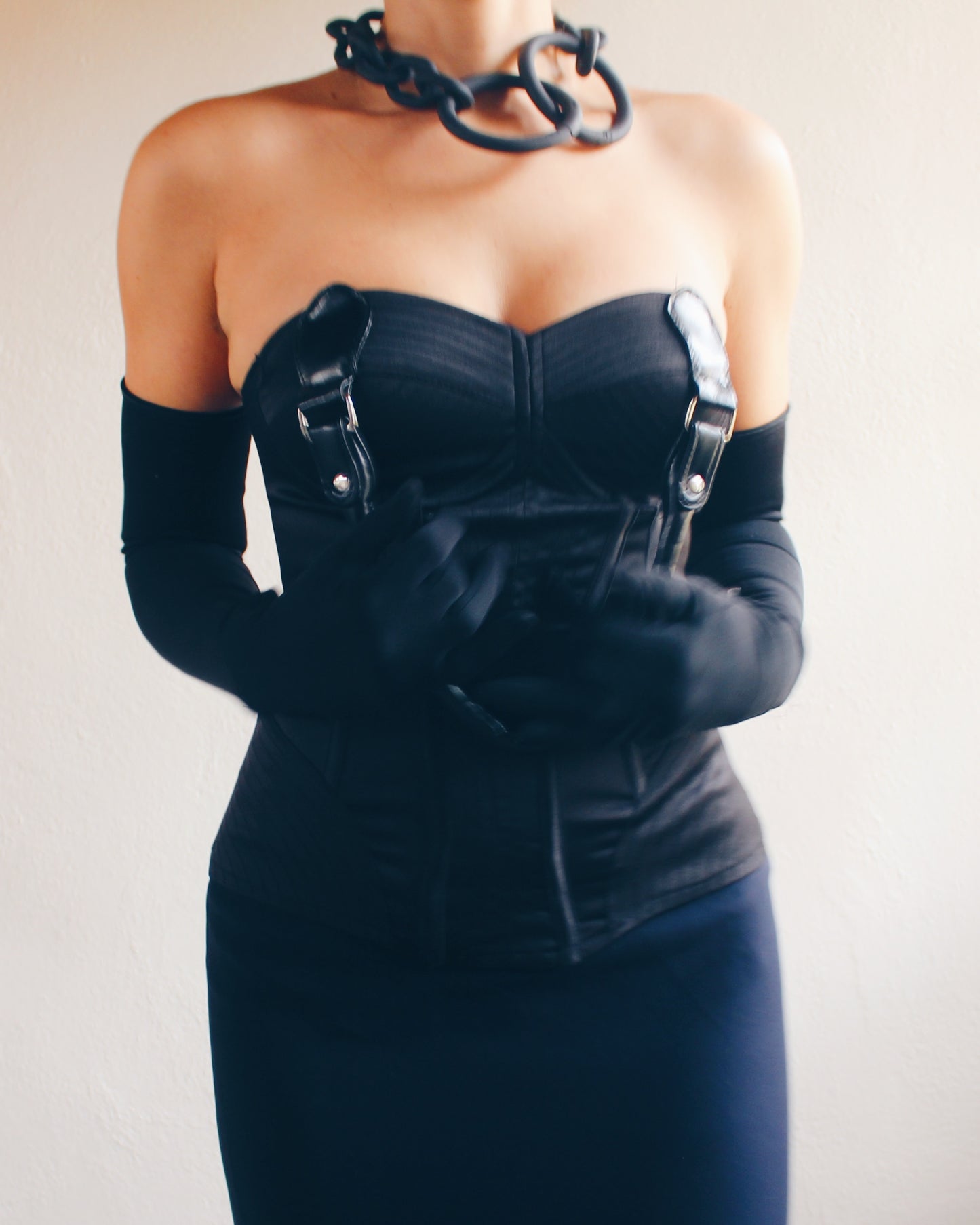 Upcycled Black Bustier with Purse Handle - Chic Contemporary Statement Piece | Sustainable & Daring Fashion