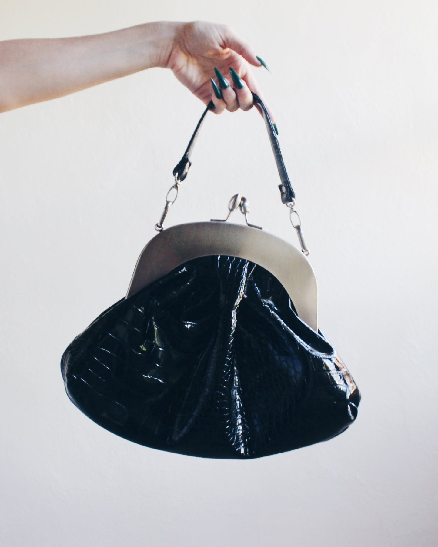 Black Alligator-Textured Giant Leather Coin Purse Handbag with Silver Clasp – Bold Statement Piece