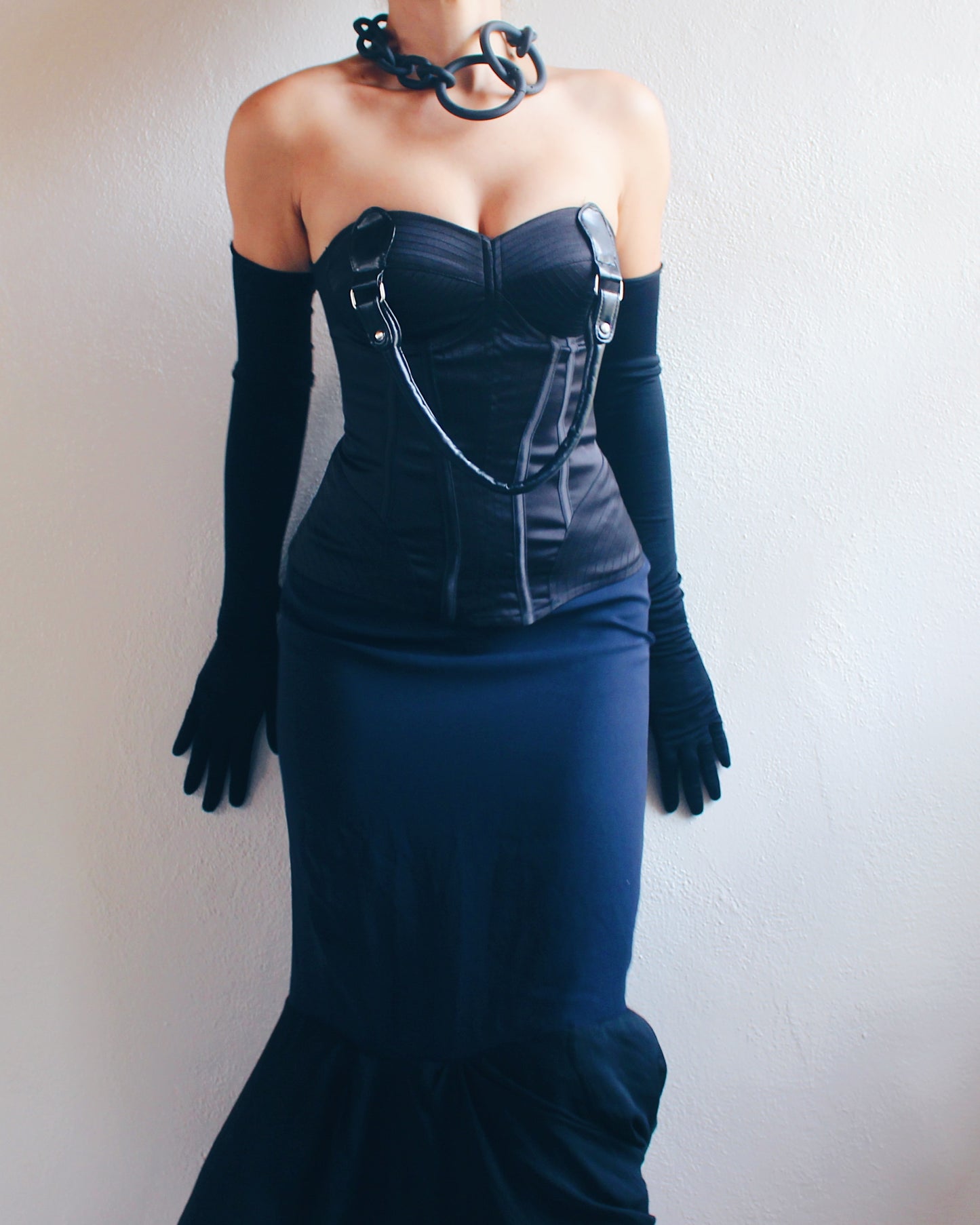Upcycled Black Bustier with Purse Handle - Chic Contemporary Statement Piece | Sustainable & Daring Fashion
