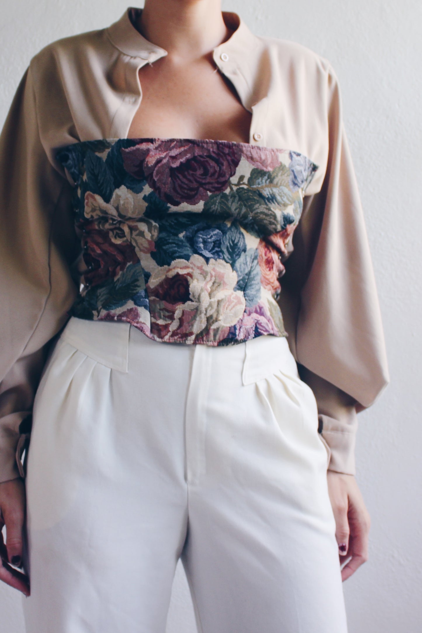 Upcycled tapestry crop top / Reworked Fashion corset crop top / upcycled lace up harness