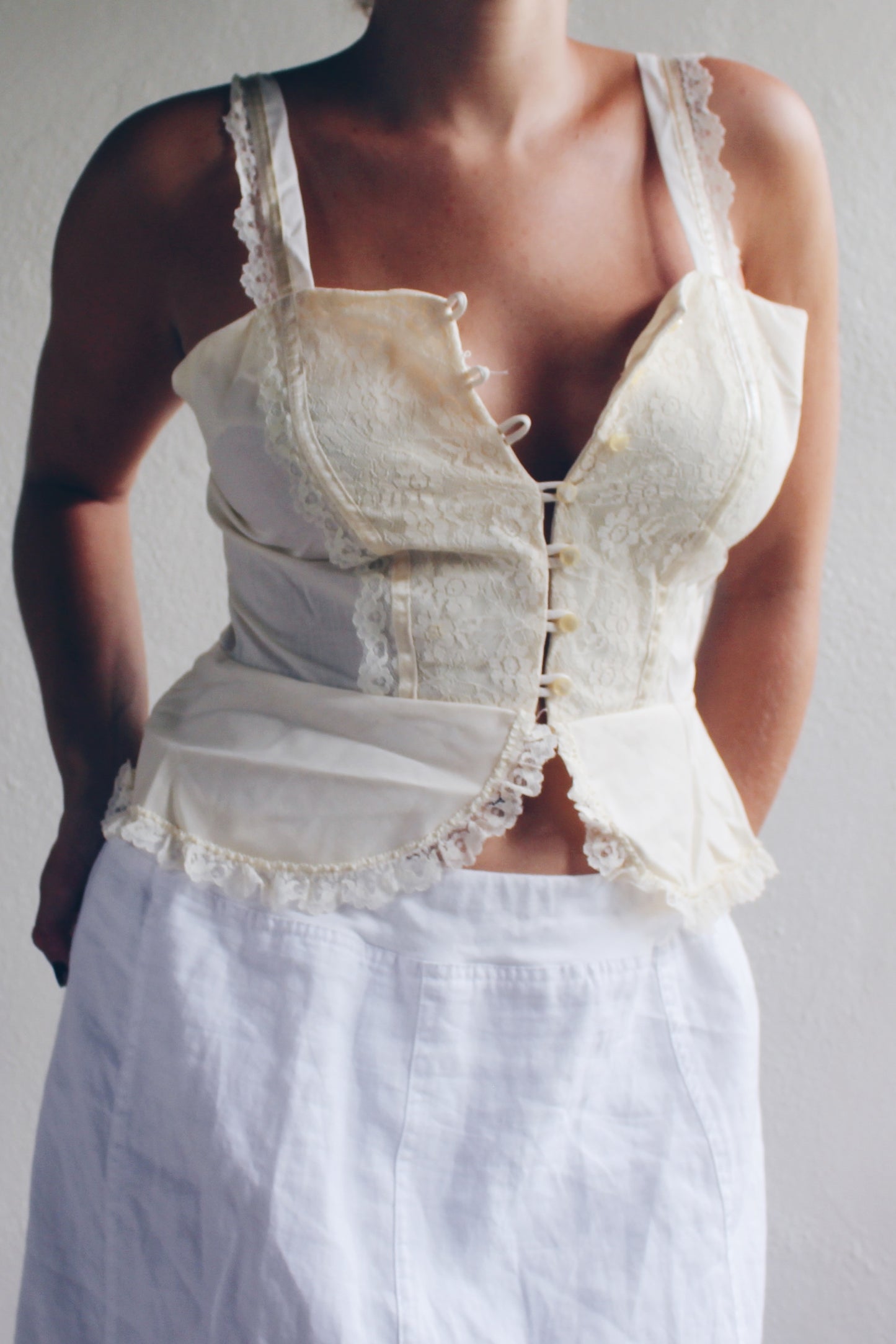 Cream lace tank top / cottage core peplum slip cami / lace Edwardian camisole