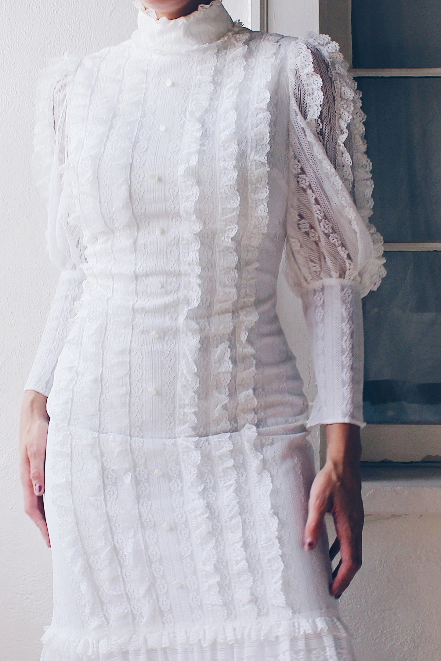 Vintage White Lace High Neck Victorian Midi Dress - Long Sleeve Coquette | American Gothic Prairie Wedding Dress
